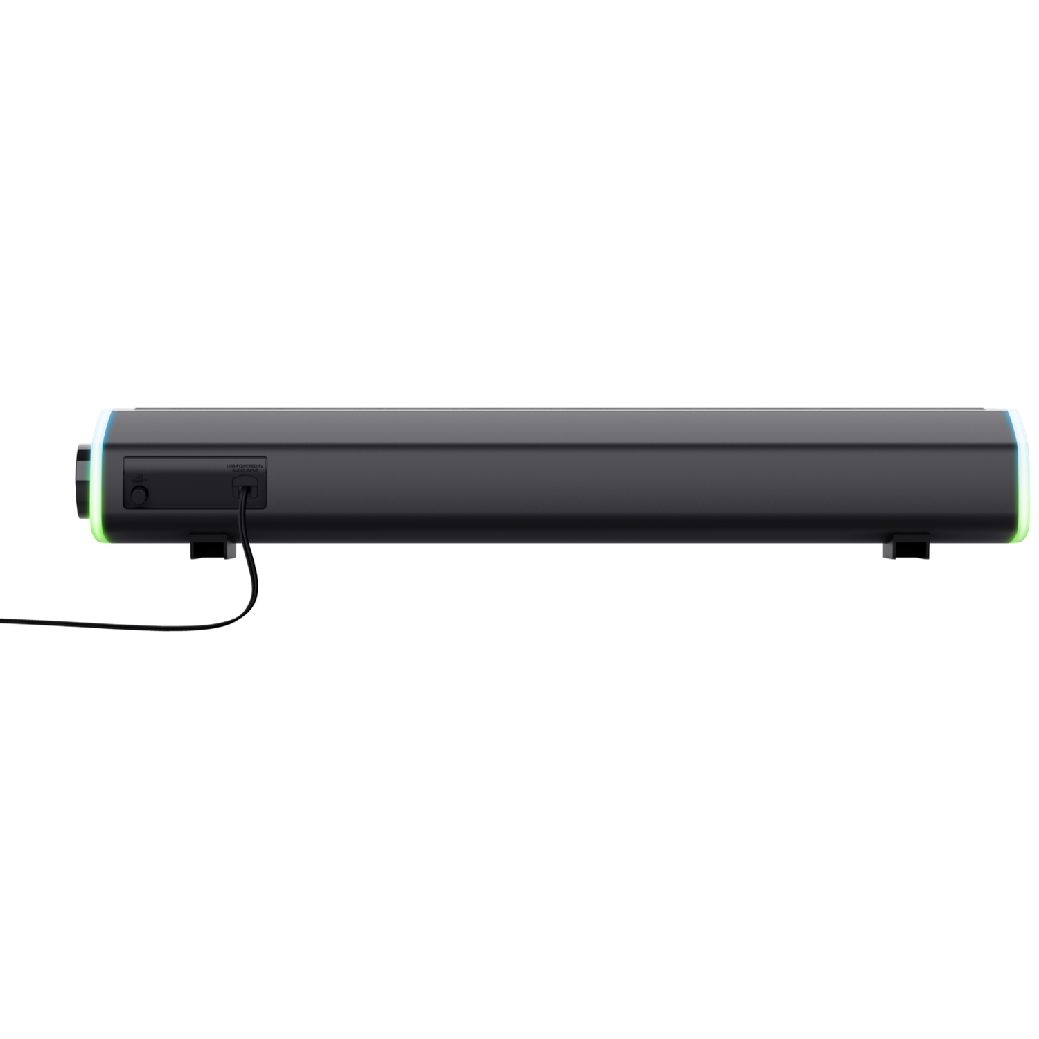 Black soundbar with RGB lighting on ends and a USB cable attached.