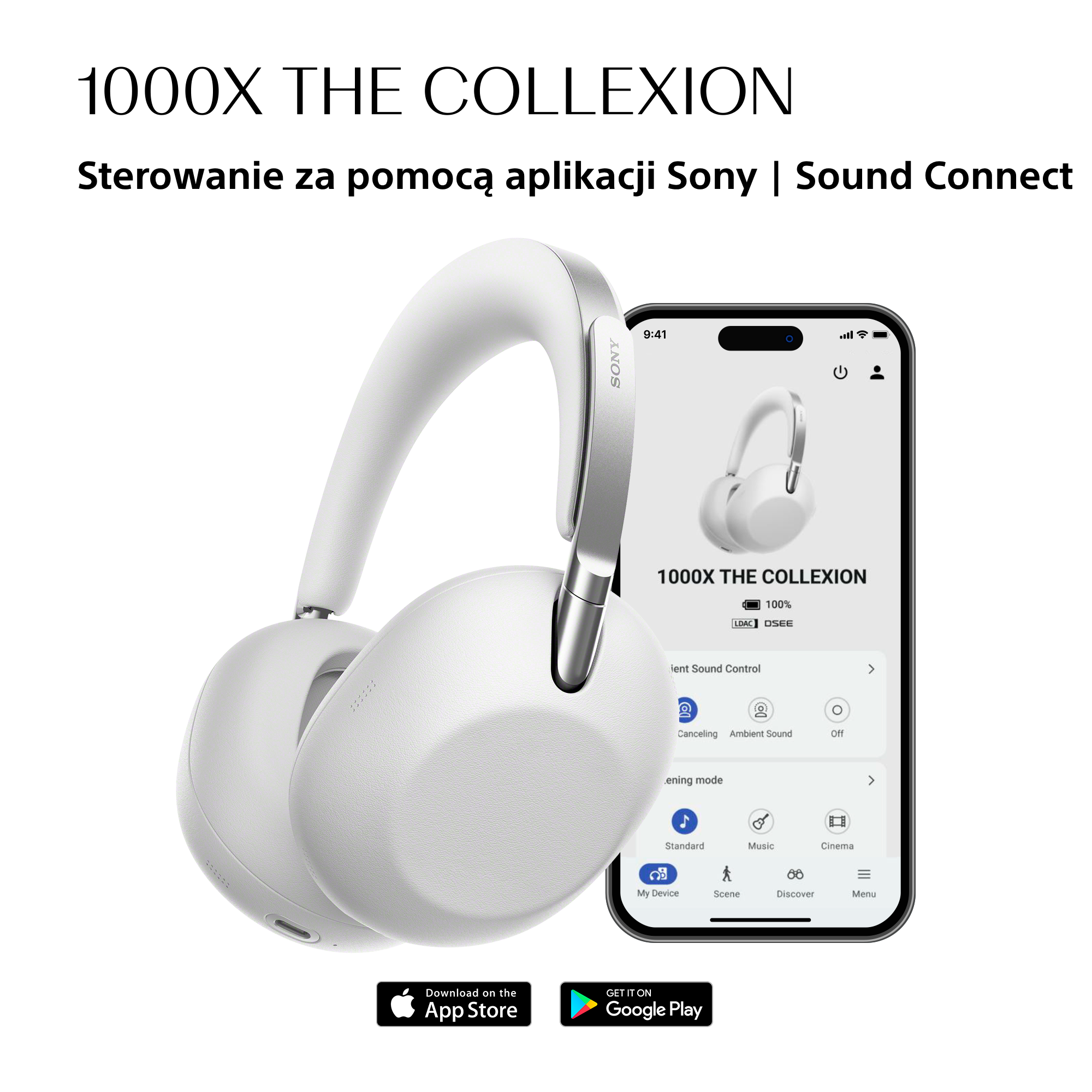 Białe słuchawki Sony sterowane aplikacją na smartfonie.