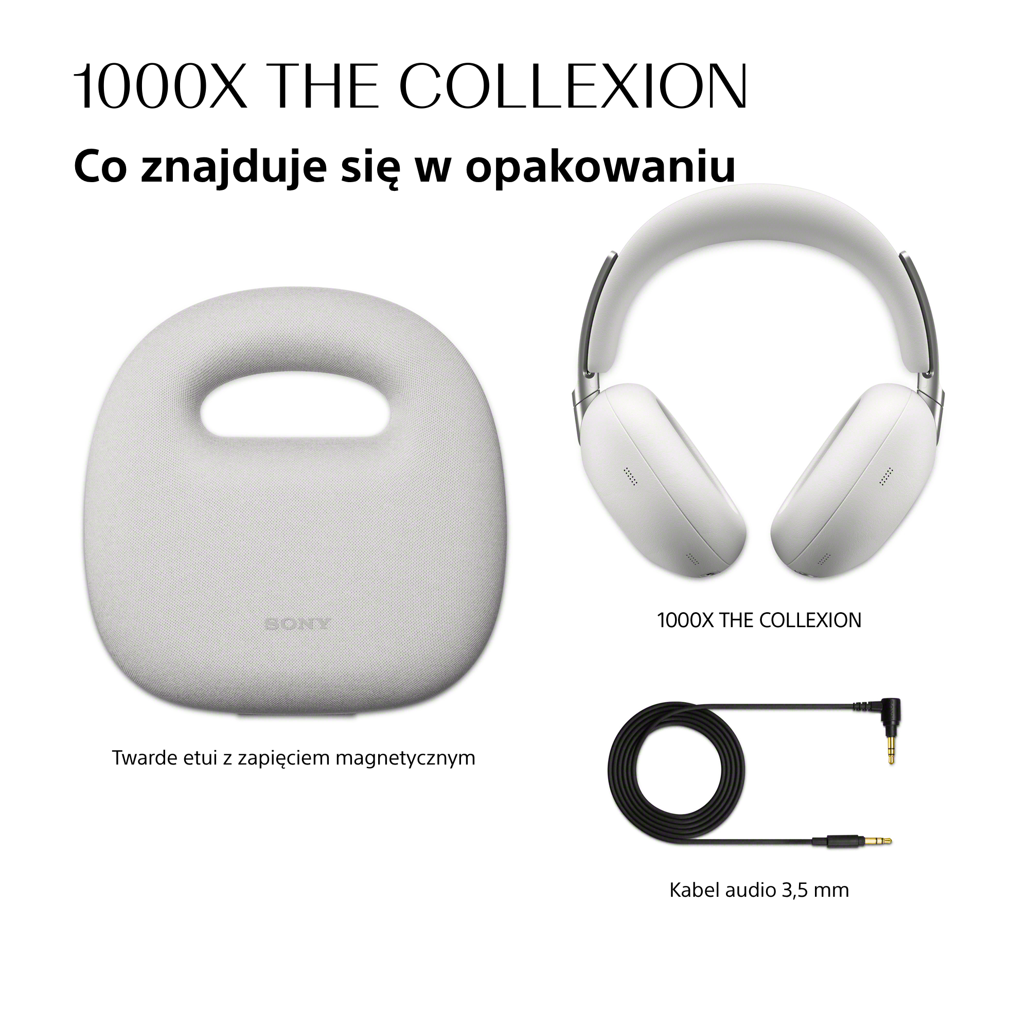 Białe słuchawki, szare etui i kabel audio na białym tle.