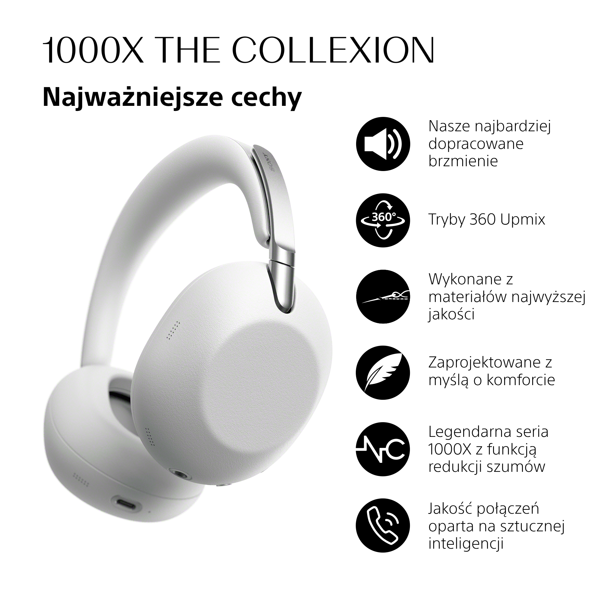 Białe słuchawki z srebrnymi akcentami i ikonami przedstawiającymi cechy: dźwięk, audio 360, materiał, komfort i połączenia.