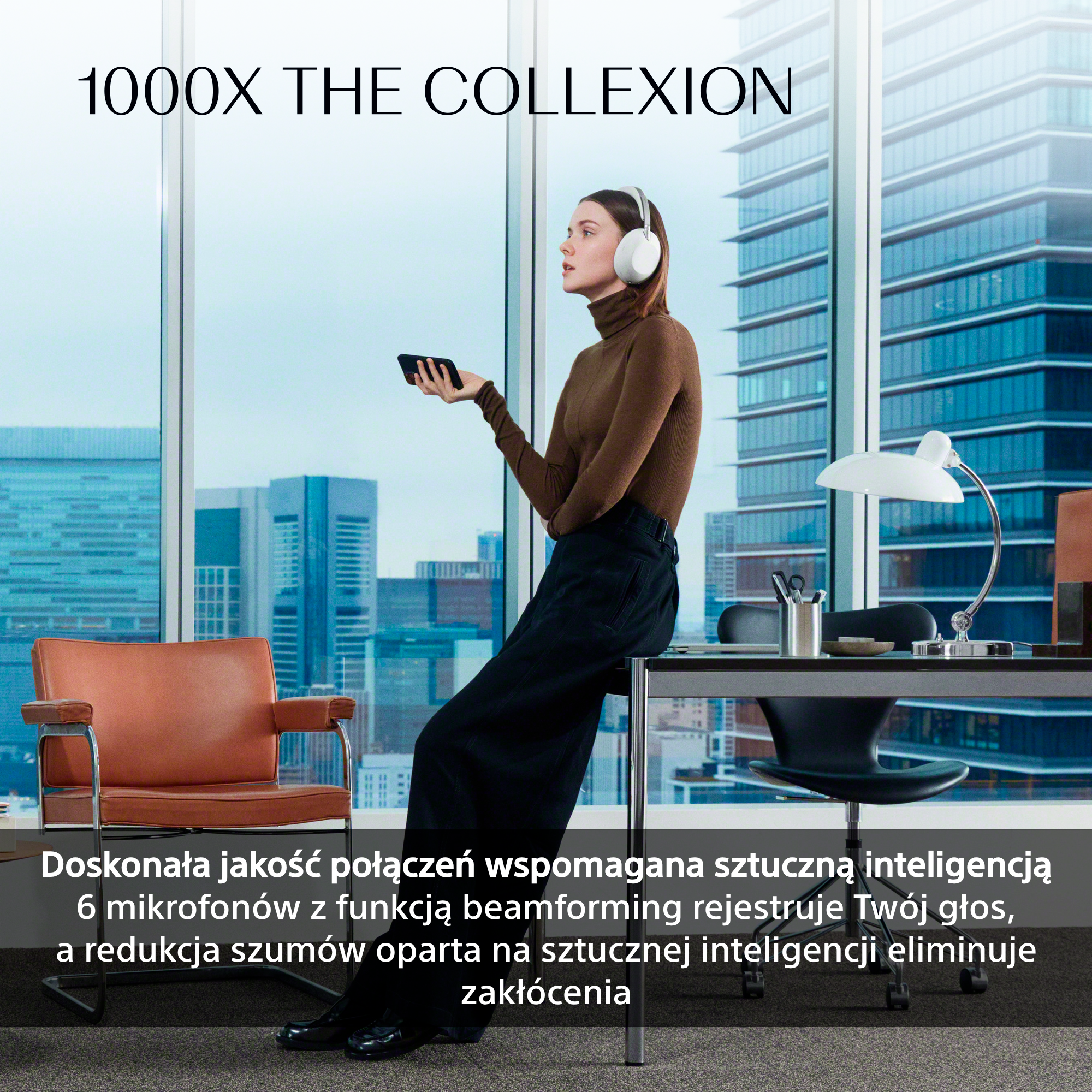 Kobieta w białych słuchawkach z telefonem w biurze z widokiem na miasto.