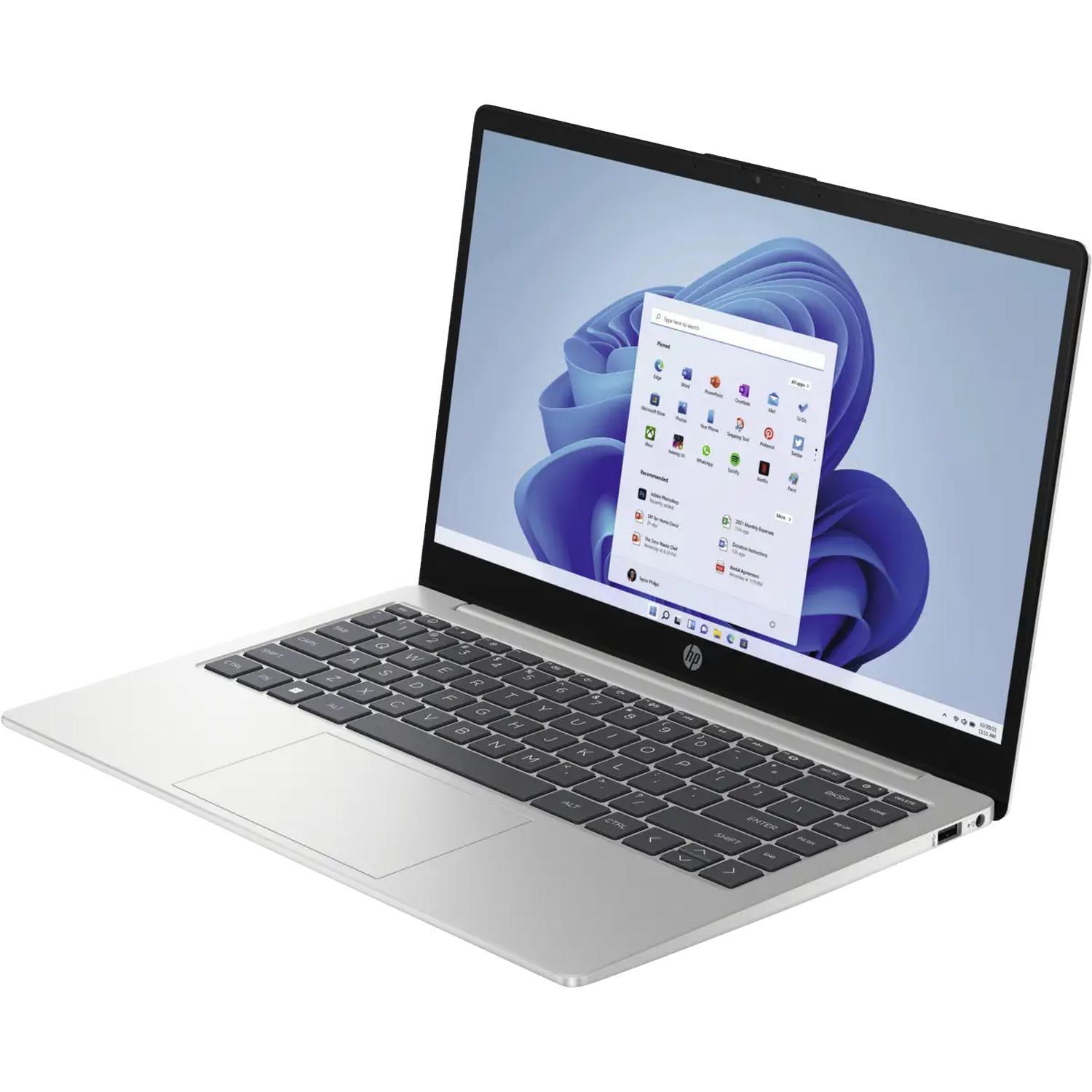 A silver HP laptop with the Windows 11 Start menu open on its screen.