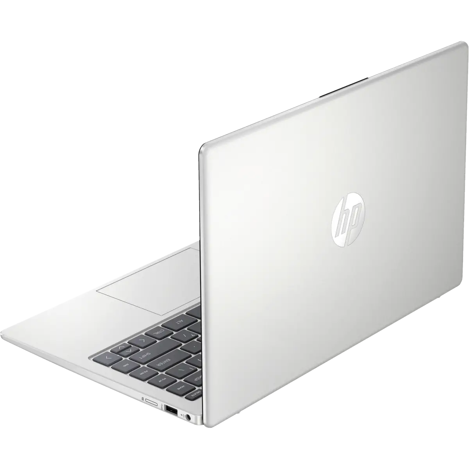 Silver HP laptop, viewed from above and slightly to the side. The lid is open, showing the keyboard and trackpad.