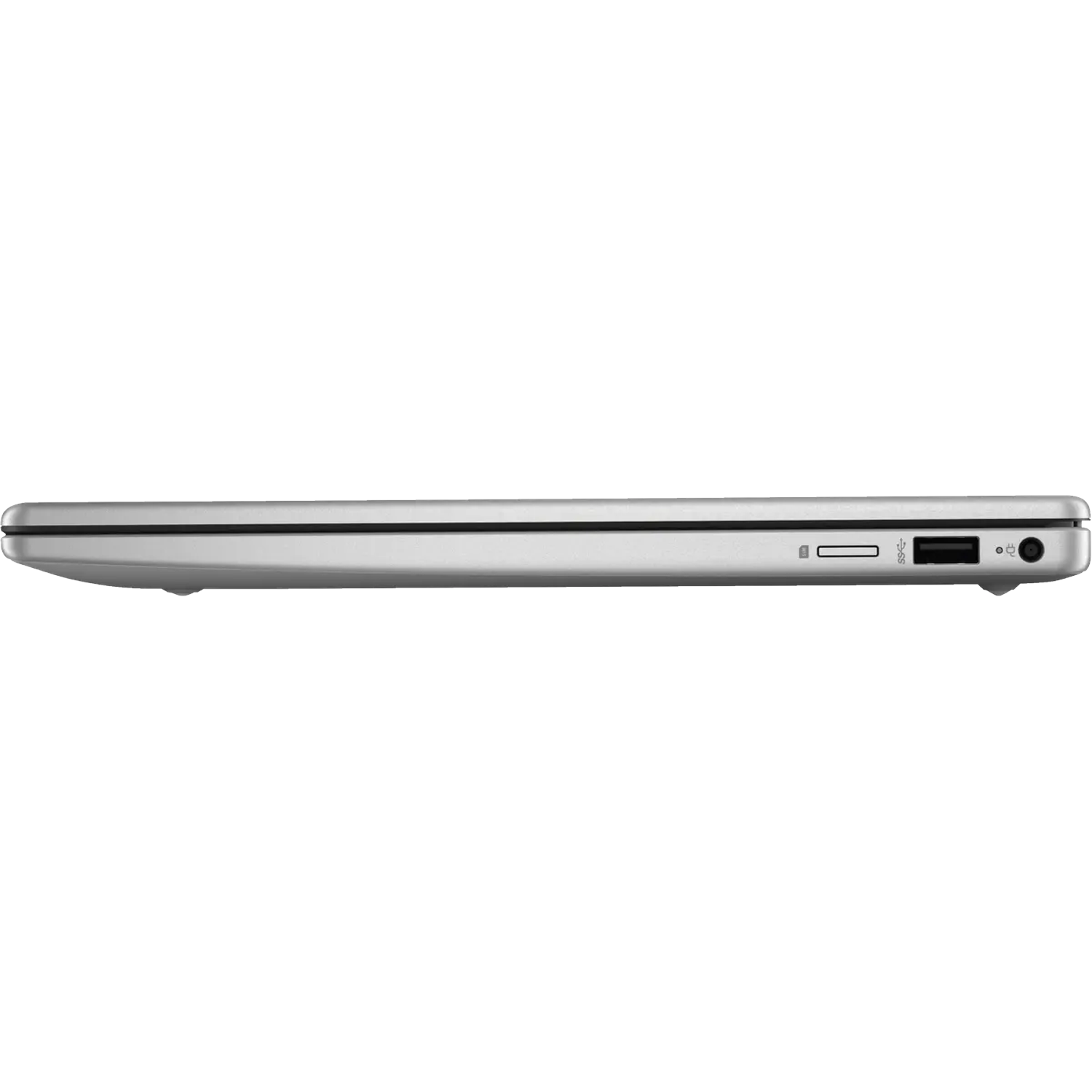 A silver laptop in profile shows ports: SD card reader, USB-A, power adapter.