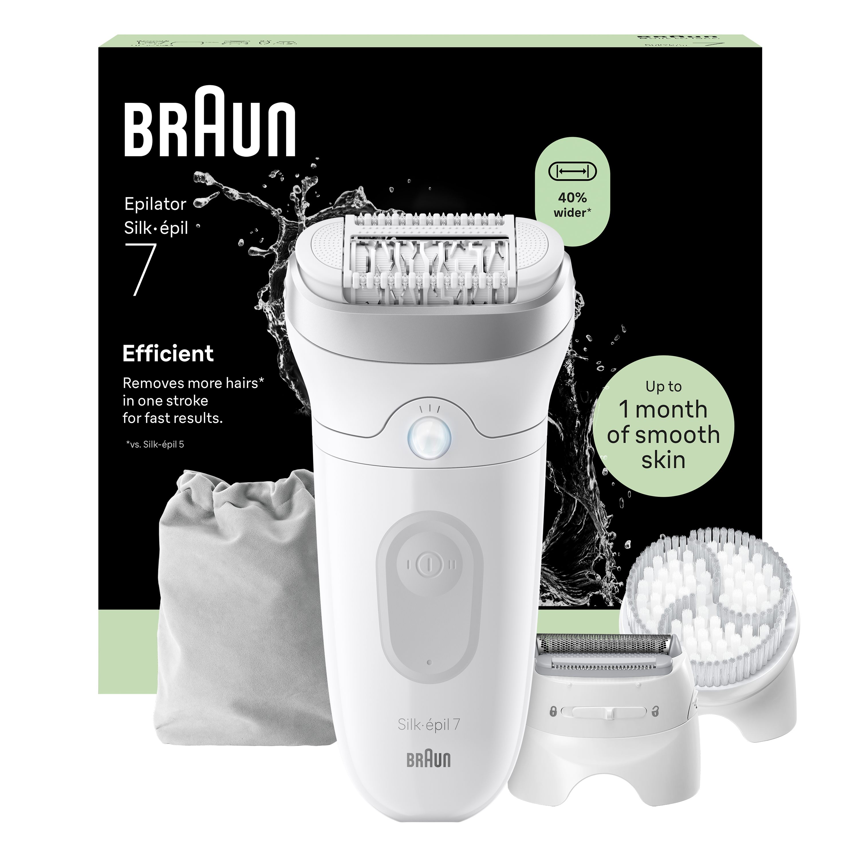 Biały depilator Braun Silk-épil 7 z akcesoriami, w tym szczotką i woreczkiem.