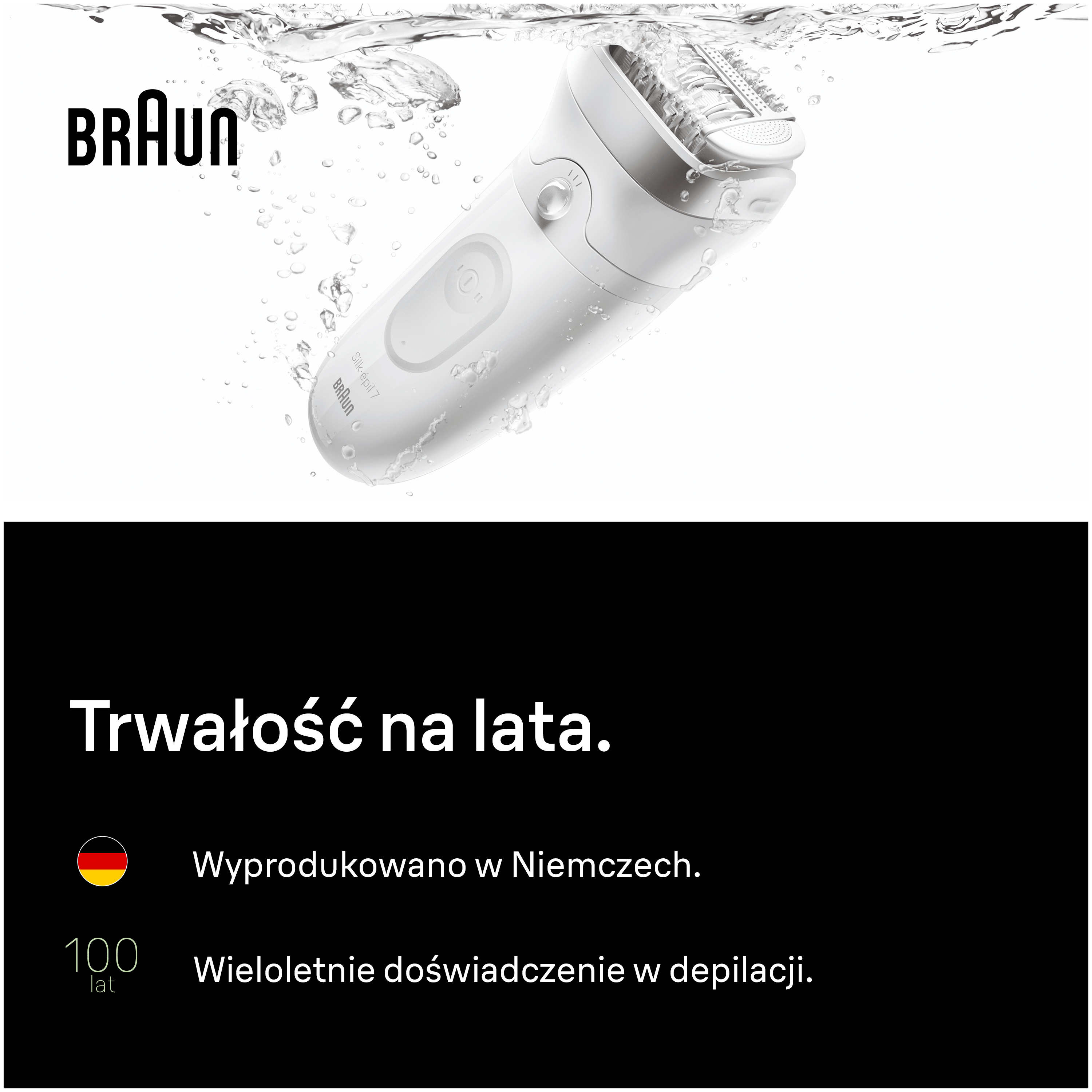 Biały depilator Braun zanurzony w wodzie z logo Braun.