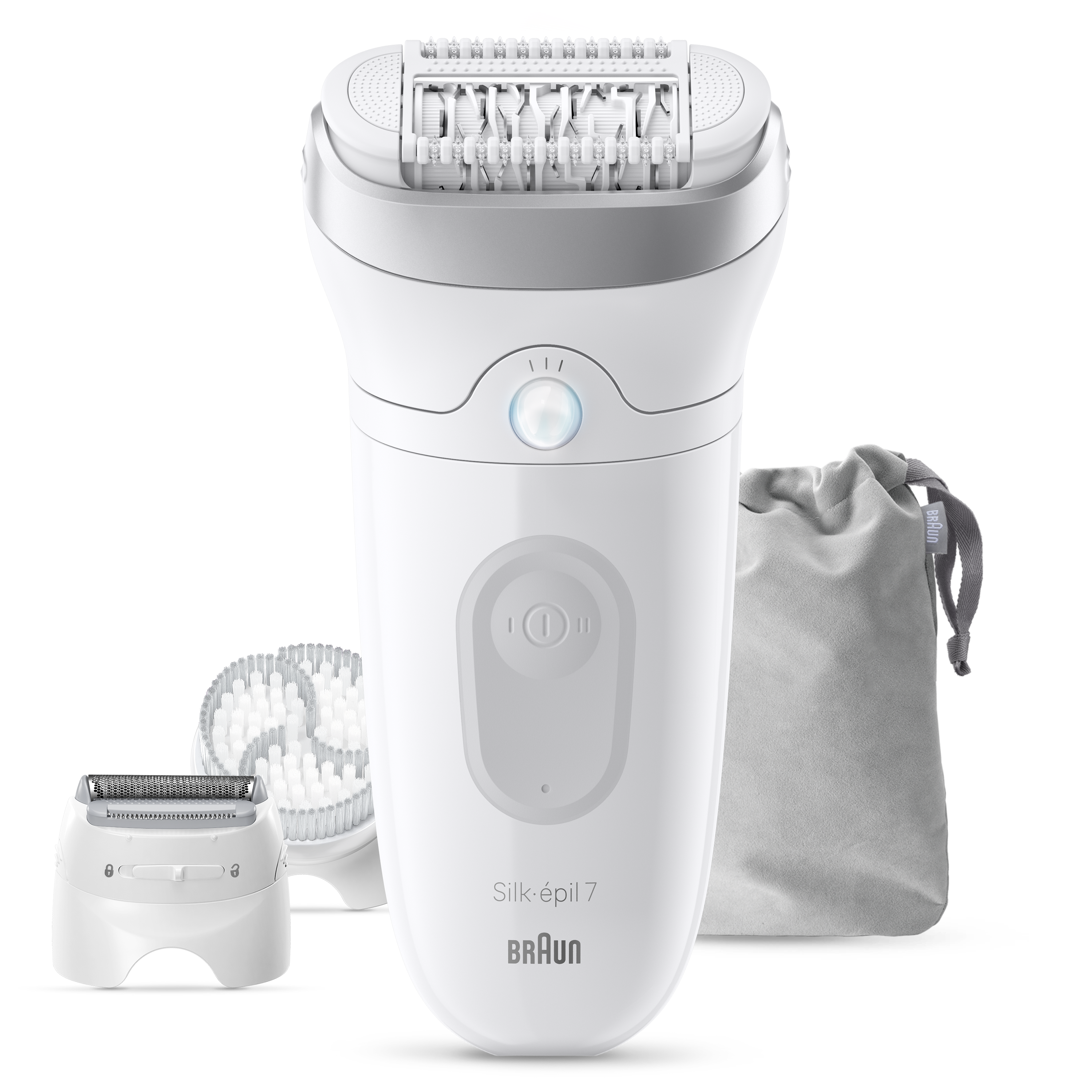 Biały depilator Braun Silk-épil 7 z akcesoriami i etui do przechowywania.