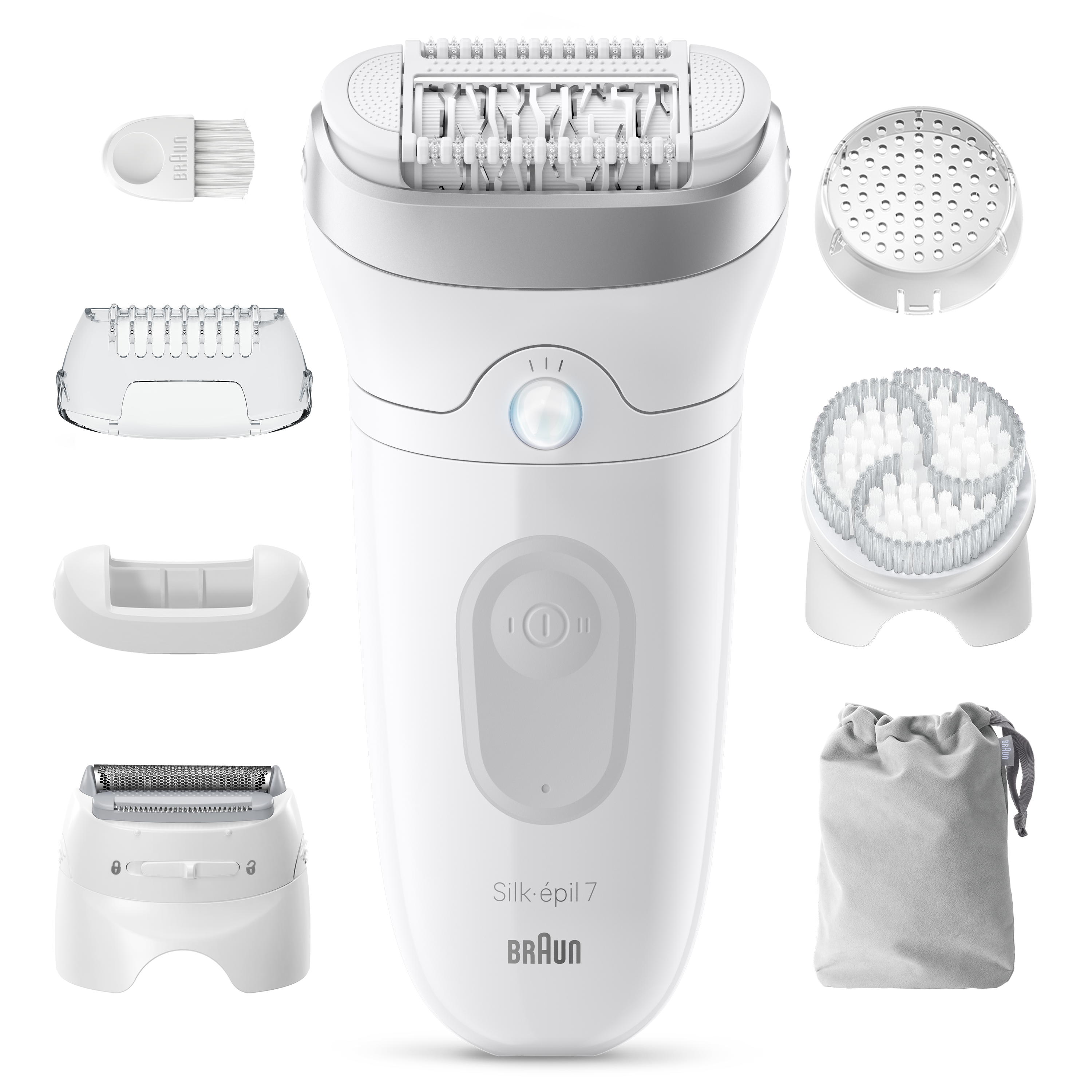 Biała depilator Braun Silk-épil 7 z akcesoriami: szczoteczka, głowica goląca, nasadka i woreczek.