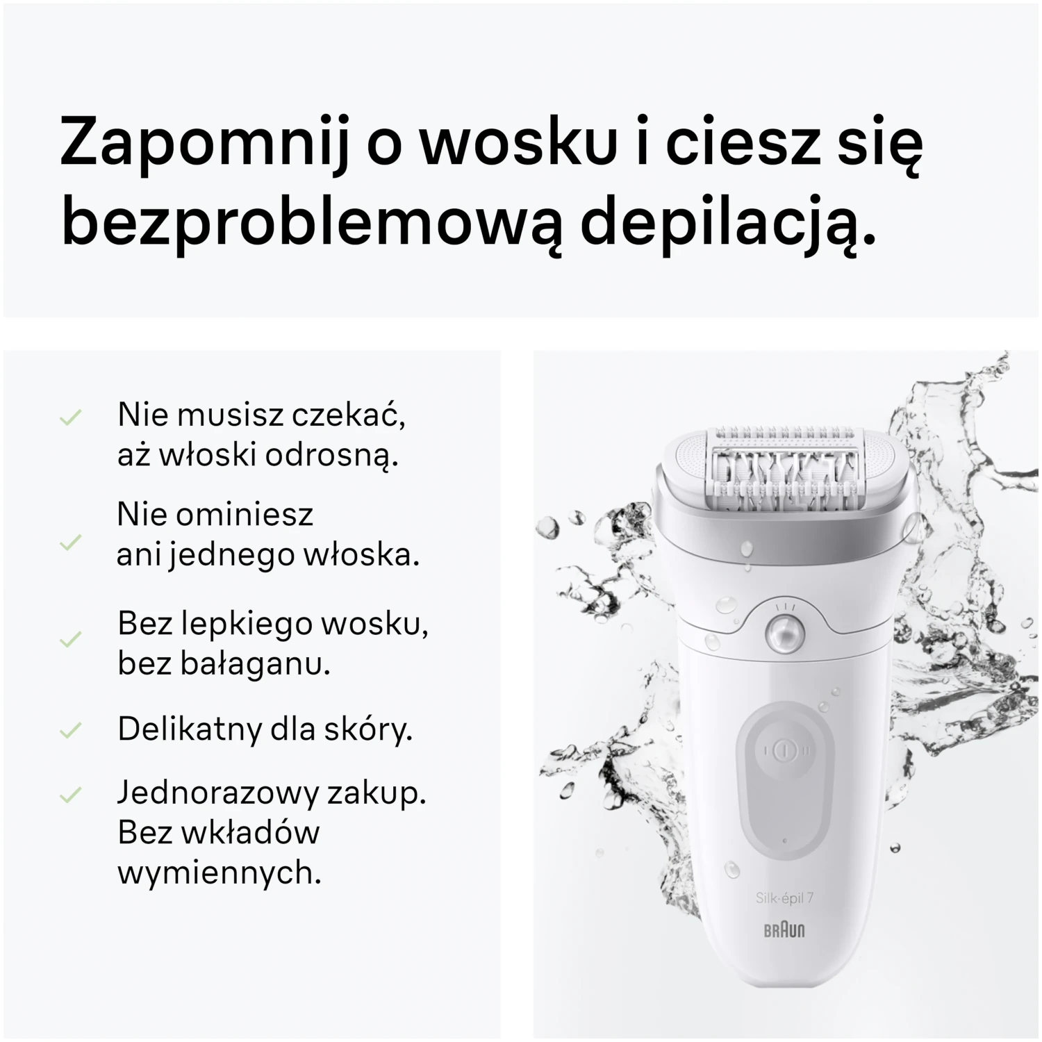 Biały depilator Braun Silk-épil 7 z rozpryskującą się wodą.