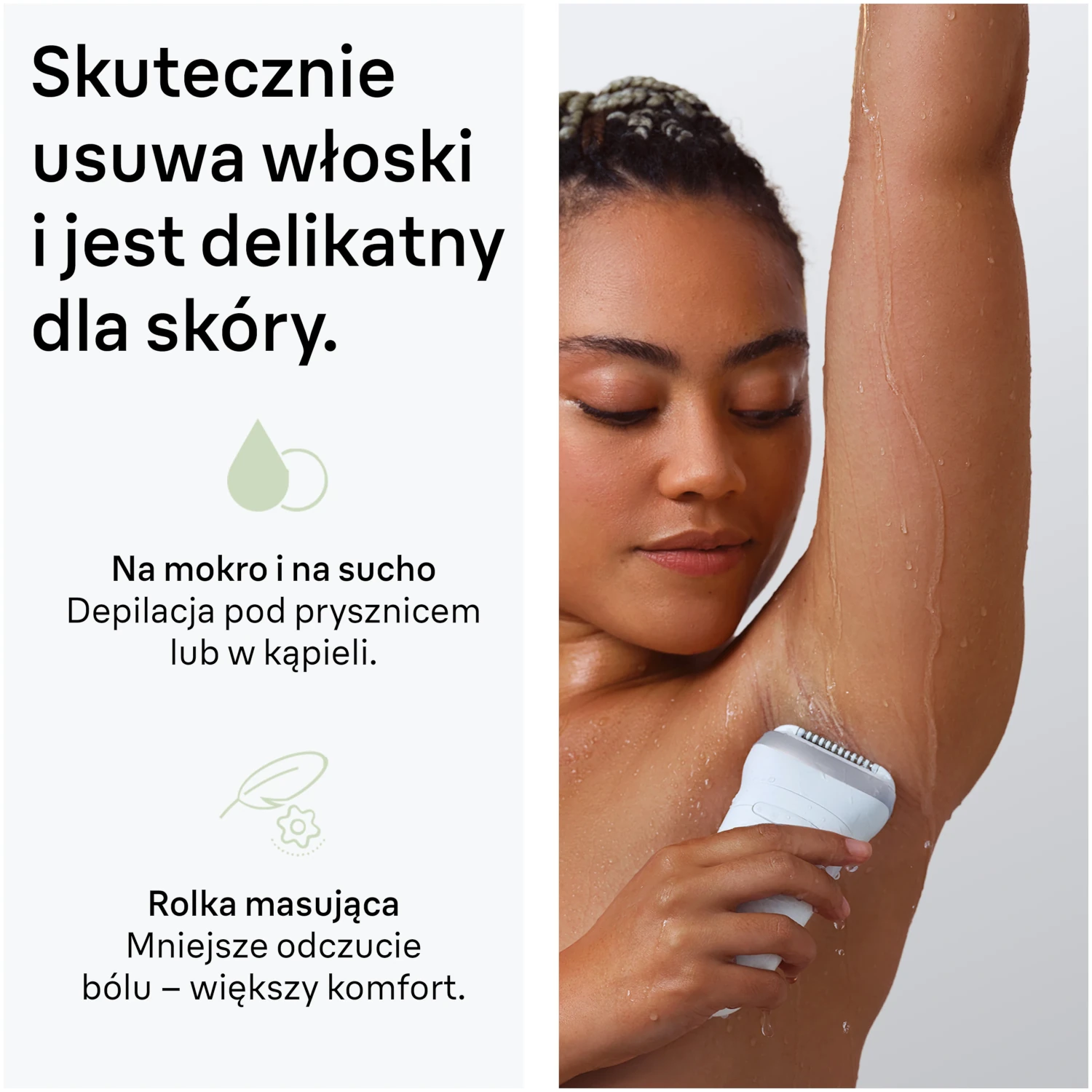 Kobieta depiluje pachę depilatorem pod prysznicem.