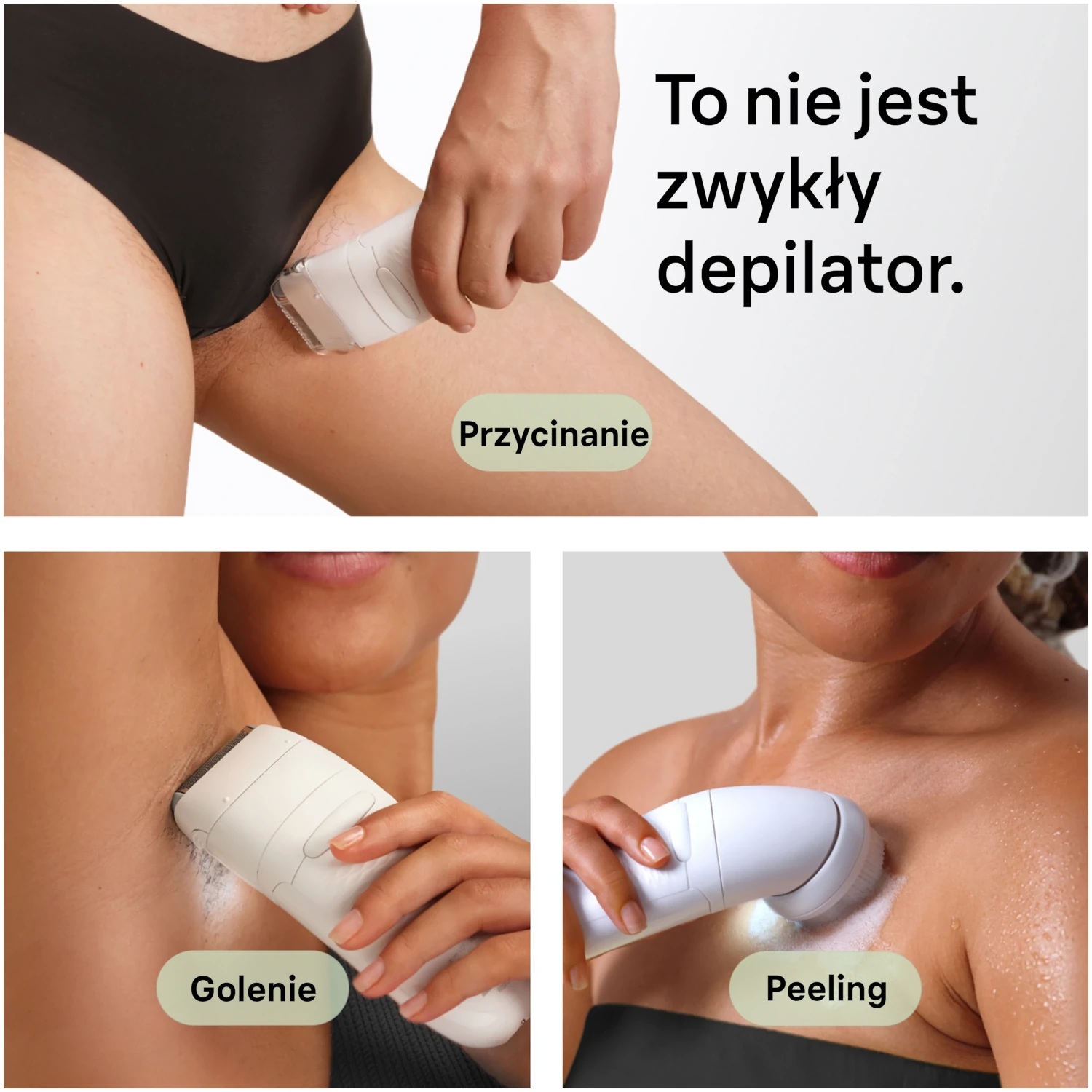 Osoba przycina włosy, goli pachy i peelinguje klatkę piersiową urządzeniem.