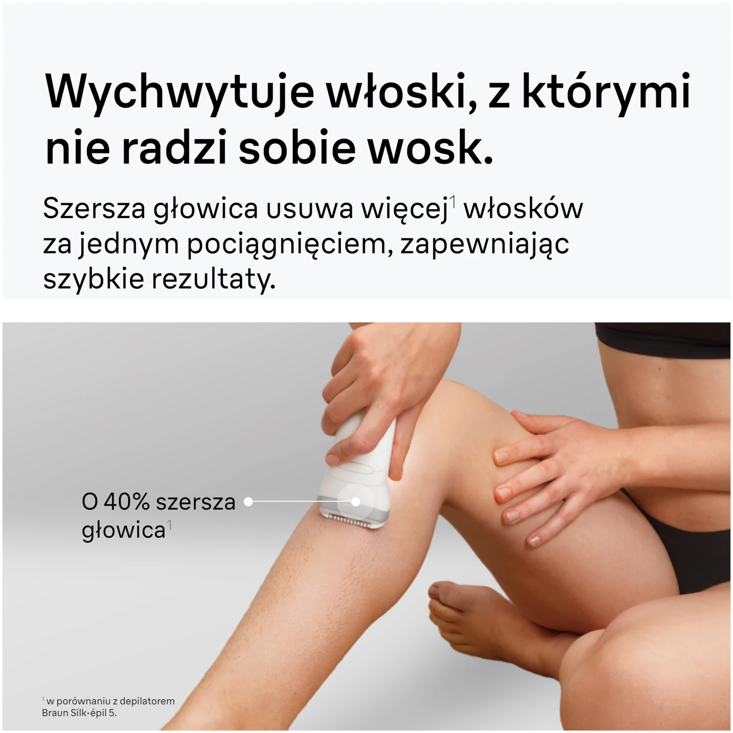 Osoba depiluje nogę szerszą głowicą usuwającą więcej włosów.