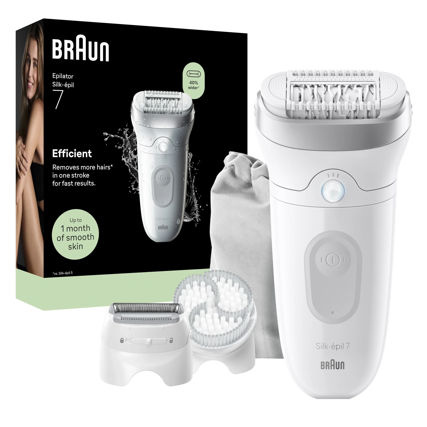 Biały depilator Braun Silk-épil 7 z akcesoriami i opakowaniem.