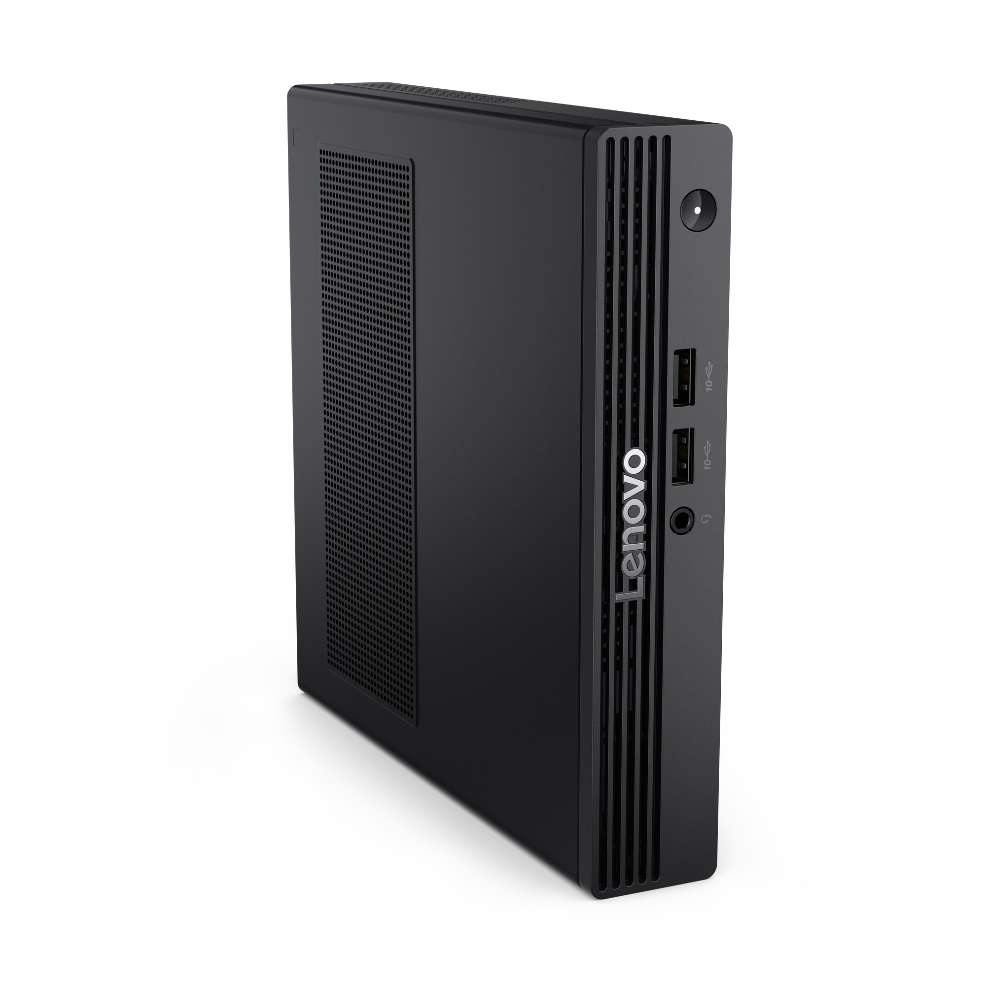 Ein schwarzer Lenovo Mini-PC mit Lufteinlässen und Anschlüssen an der Vorderseite.