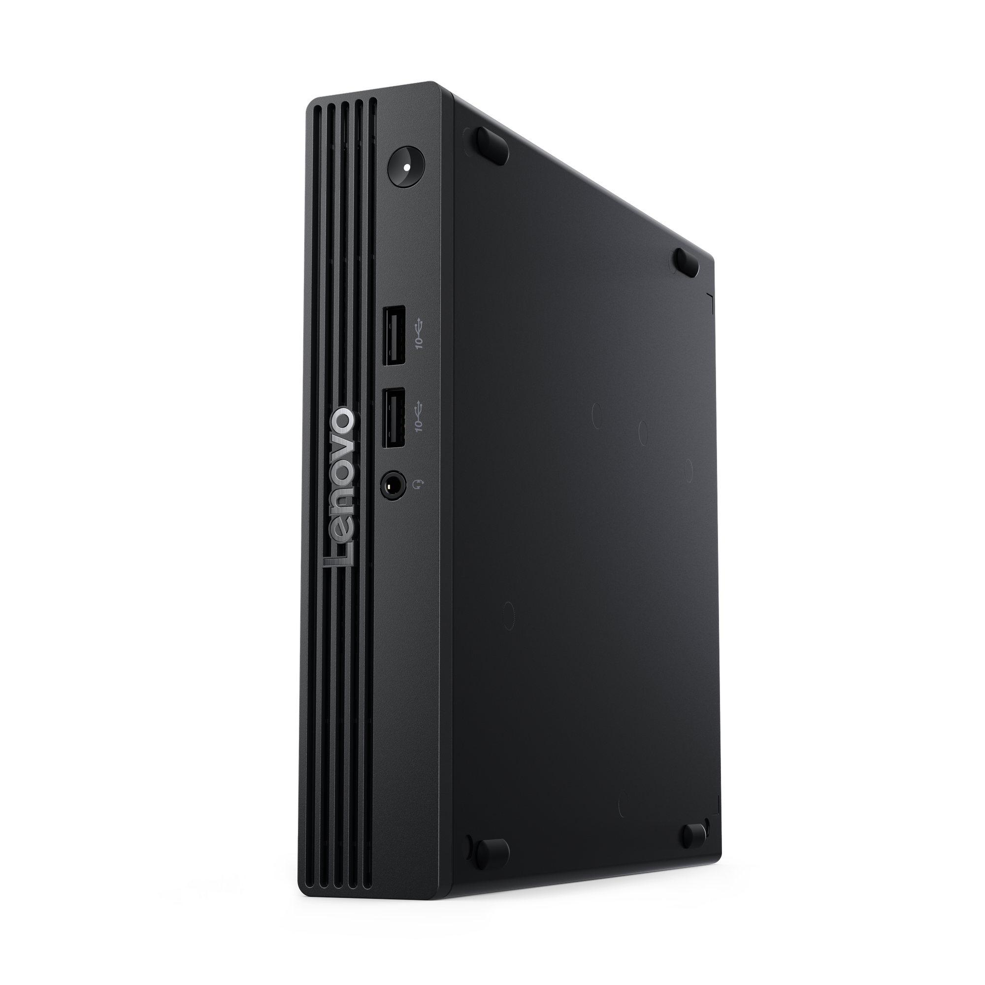 Ein schwarzer Lenovo Mini-PC mit Lüftungsschlitzen und USB-Anschlüssen.