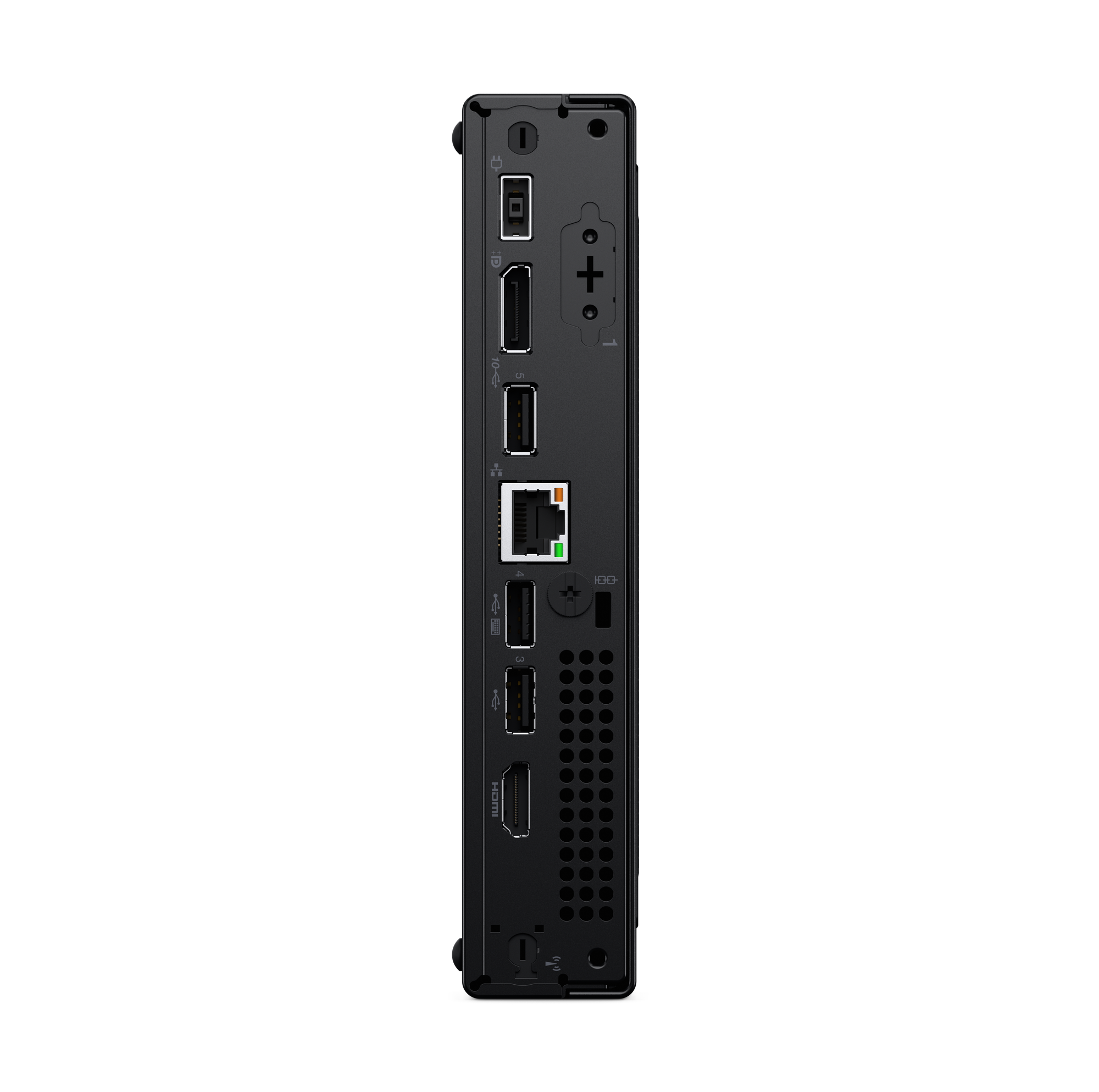 Rückseite eines Mini-PCs mit Anschlüssen: USB, HDMI, Ethernet, Netzschalter.