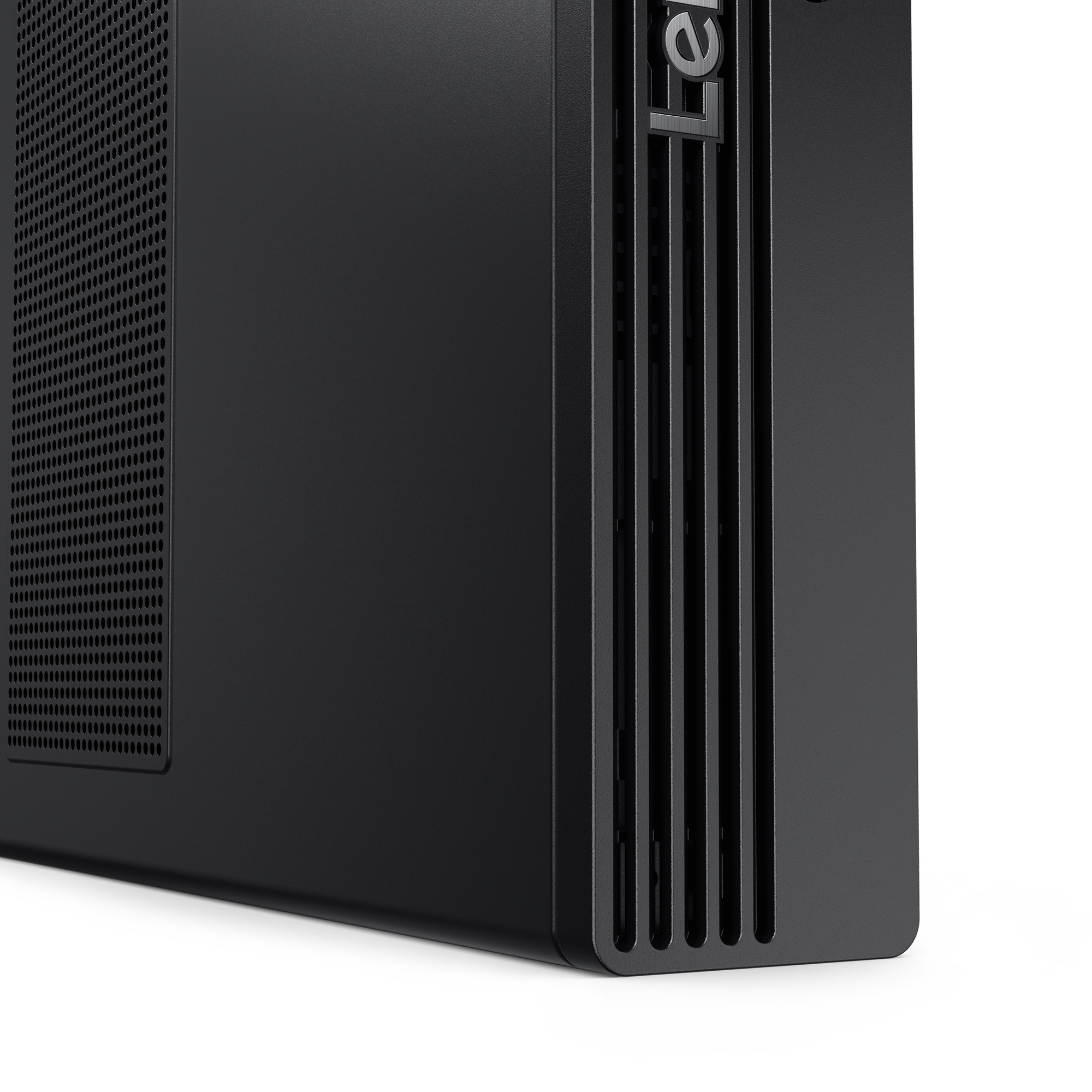 Schwarzer Computer-Tower mit belüftetem Gehäuse und silbernem Logo.