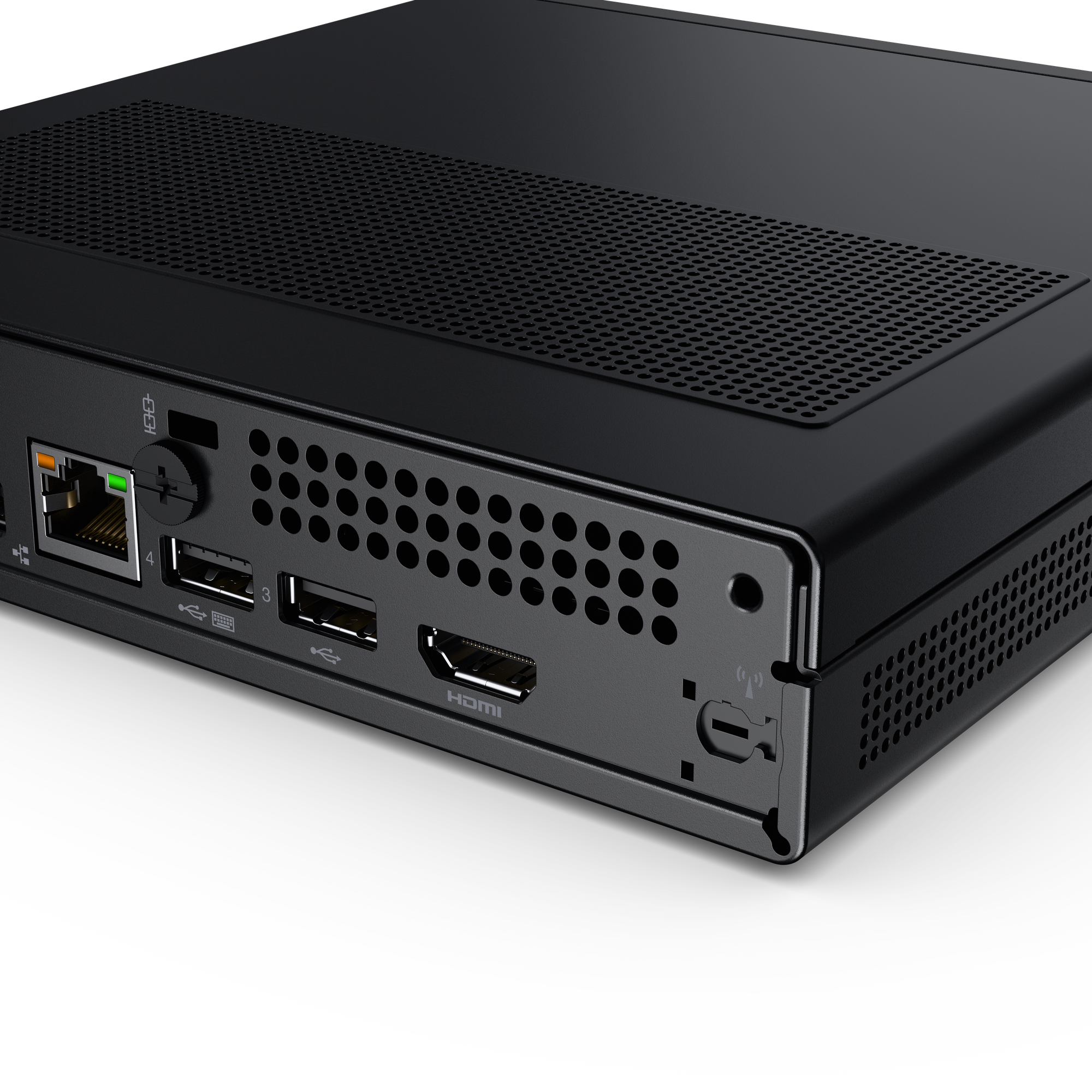 Schwarzer Mini-PC mit Lüftungsschlitzen und Anschlüssen: Ethernet, USB, HDMI.