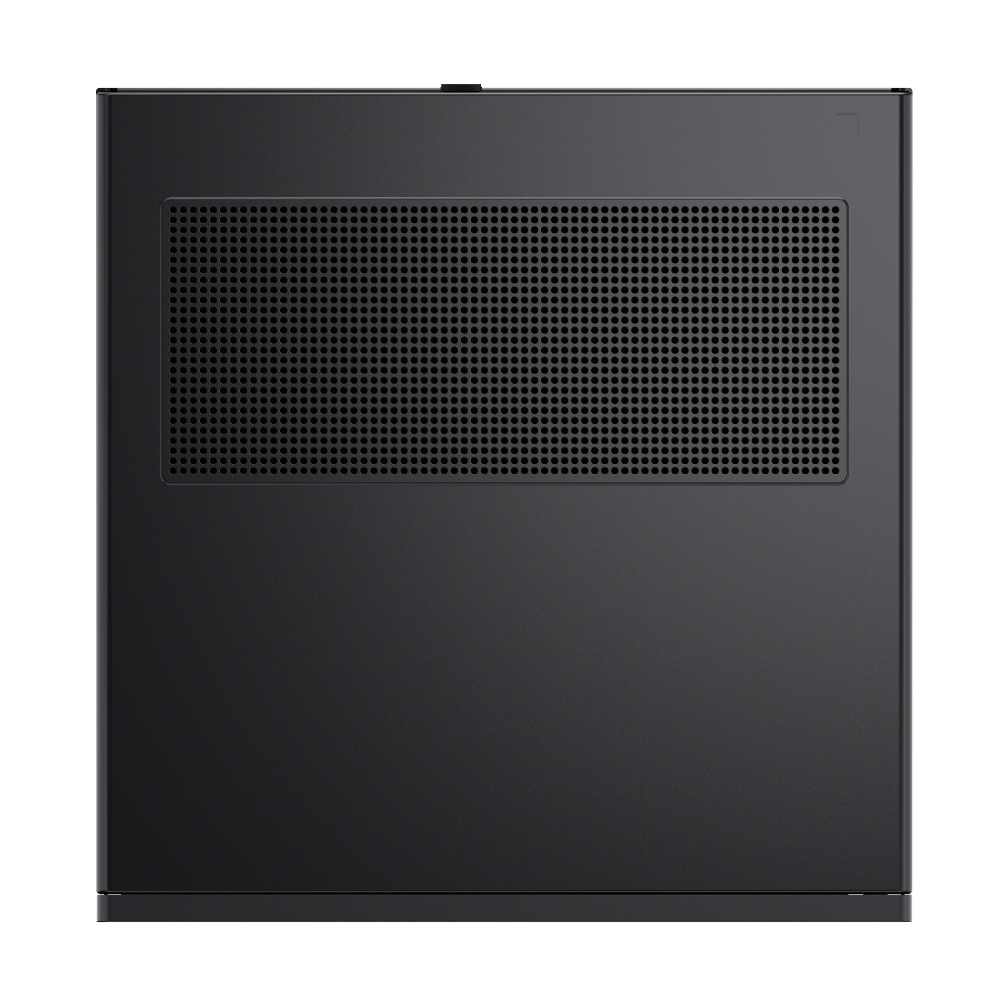 Ein schwarzes Computergehäuse mit perforierter Oberseite und einem Knopf.