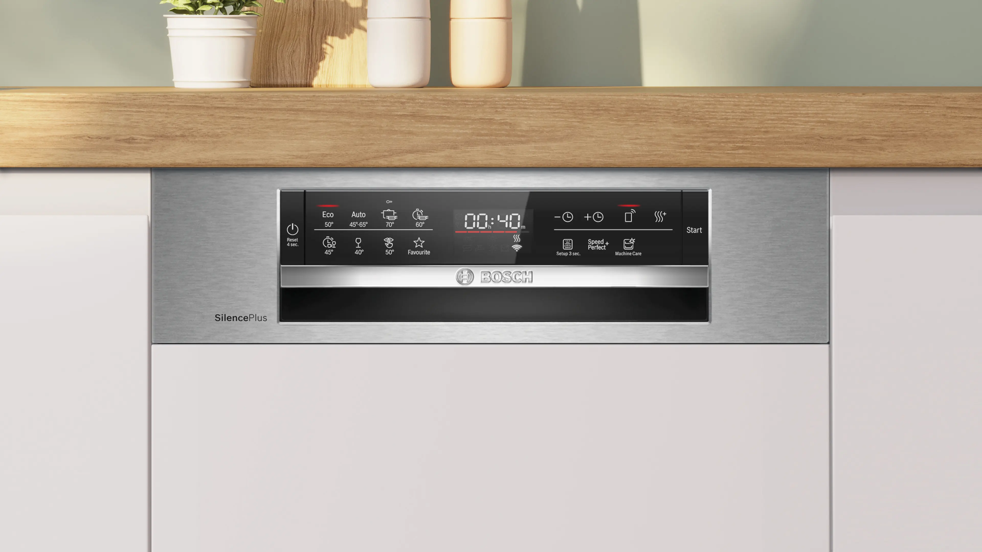Bosch mosogatógép kezelőpanel, 00:40 időzítővel és programválasztókkal.
