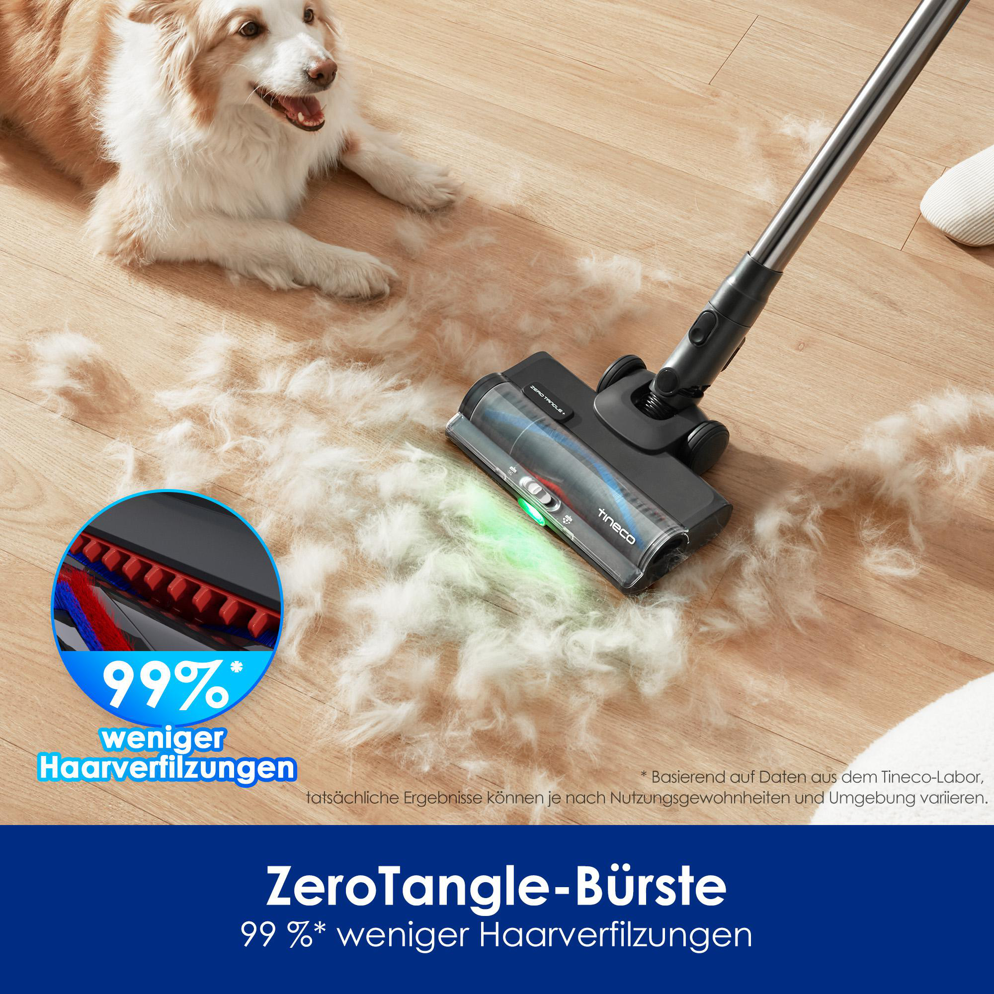 Ein Hund liegt auf dem Boden, neben einer Tineco-Bürste, die Tierhaare einsaugt.