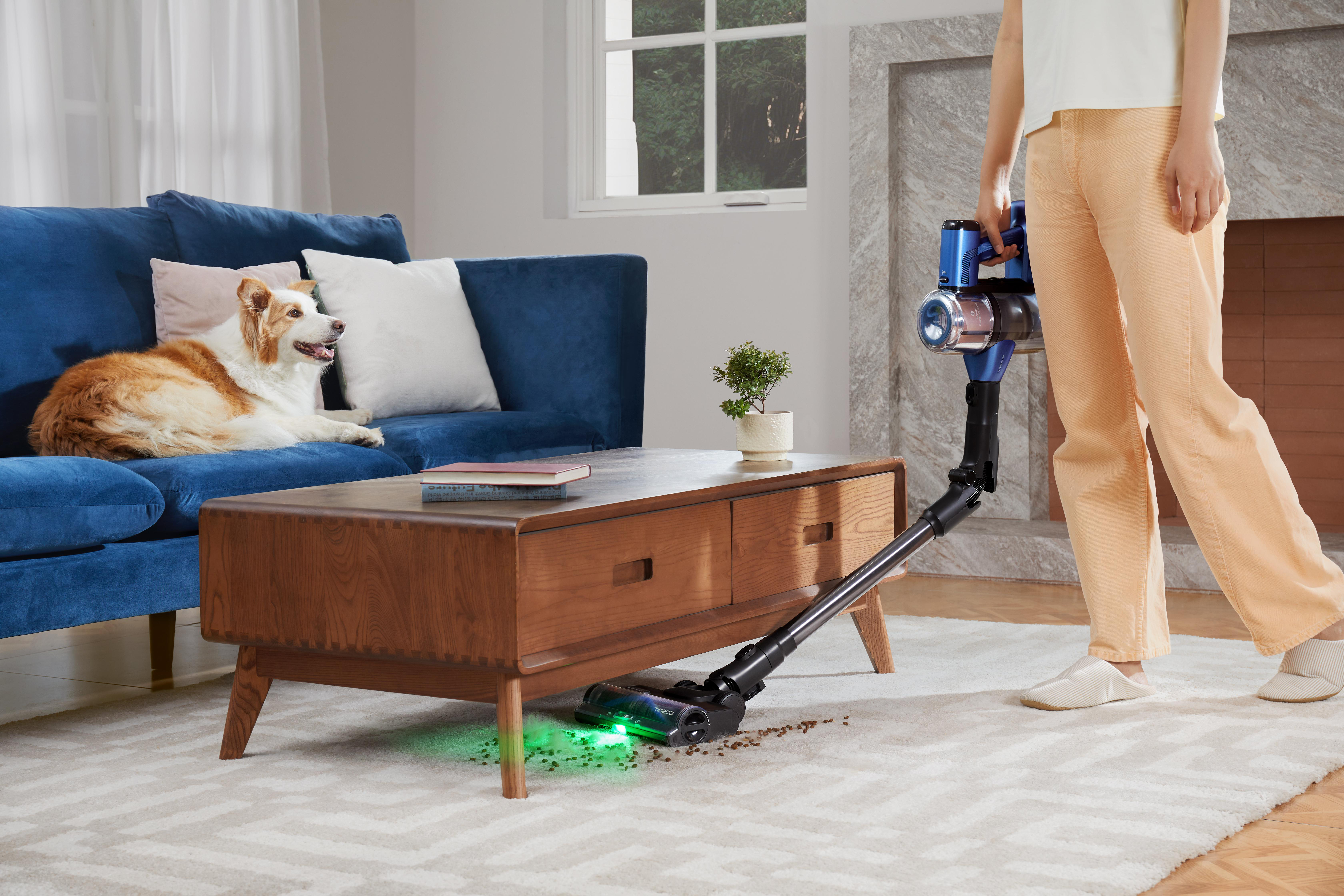 Eine Person saugt Tierfutter von einem Teppich neben einer blauen Couch und einem Holztisch.