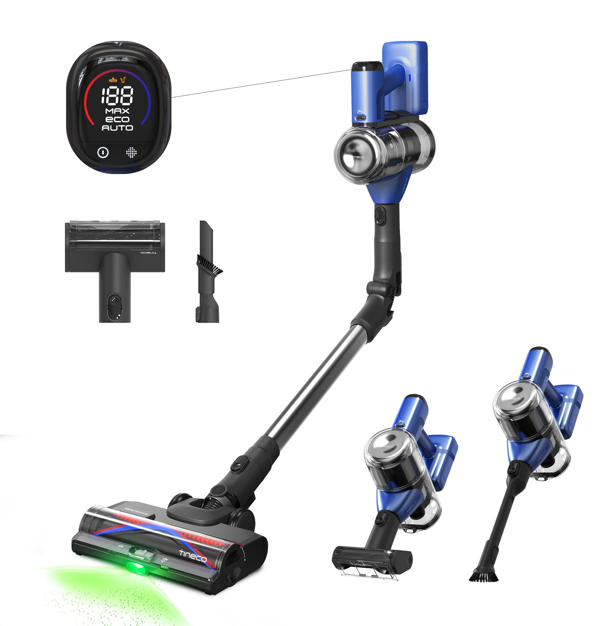 Blauer Akku-Staubsauger mit Zubehör und Display.