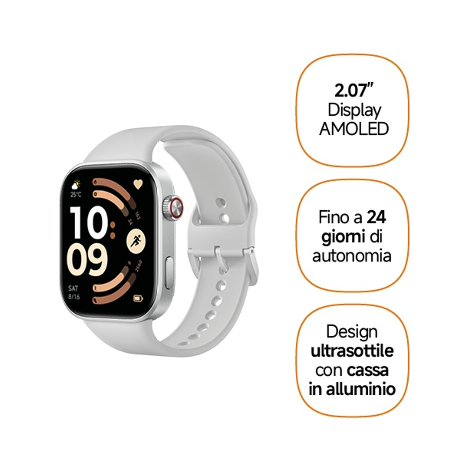 Smartwatch argento con cinturino bianco, mostra 10:09 e dati fitness.