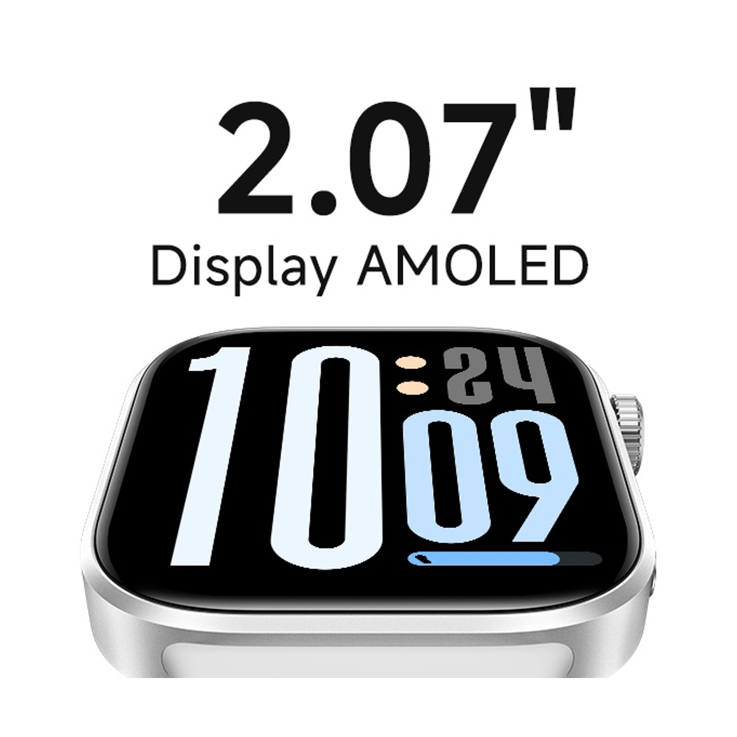 Smartwatch argentata con display AMOLED da 2,07 pollici, mostra le 10:09.