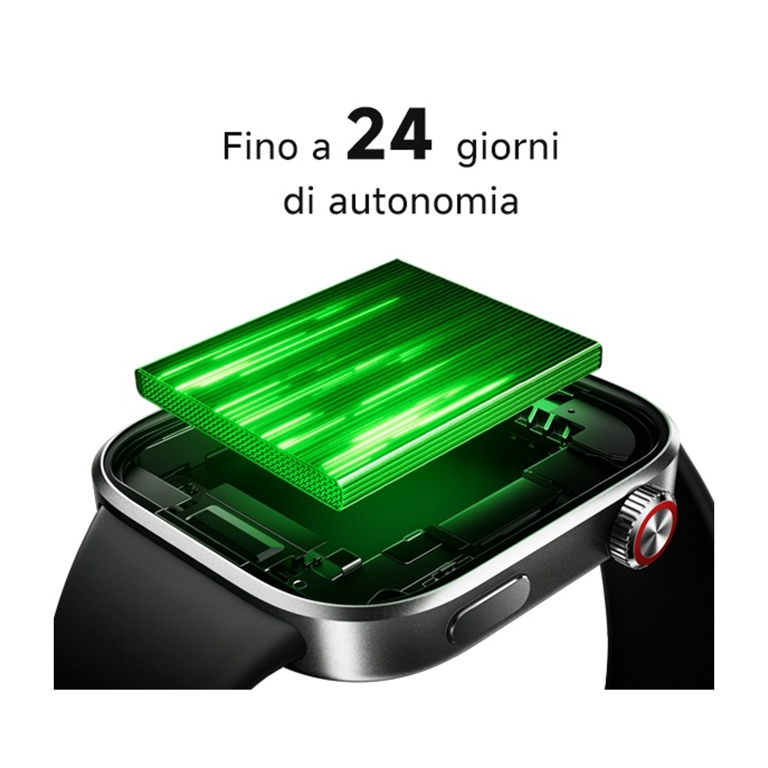 Elemento batteria verde luminoso sopra cassa smartwatch, testo in alto