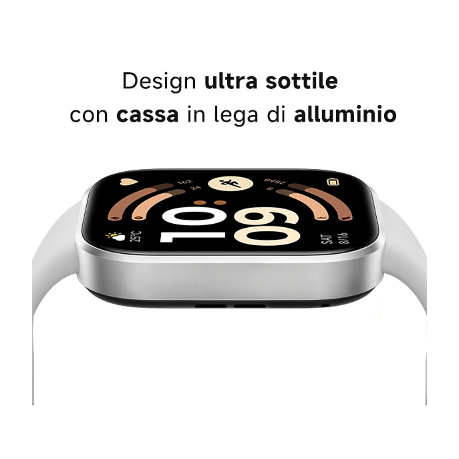 Smartwatch sottile con cassa in metallo argentato e cinturino bianco. Mostra ora e meteo.