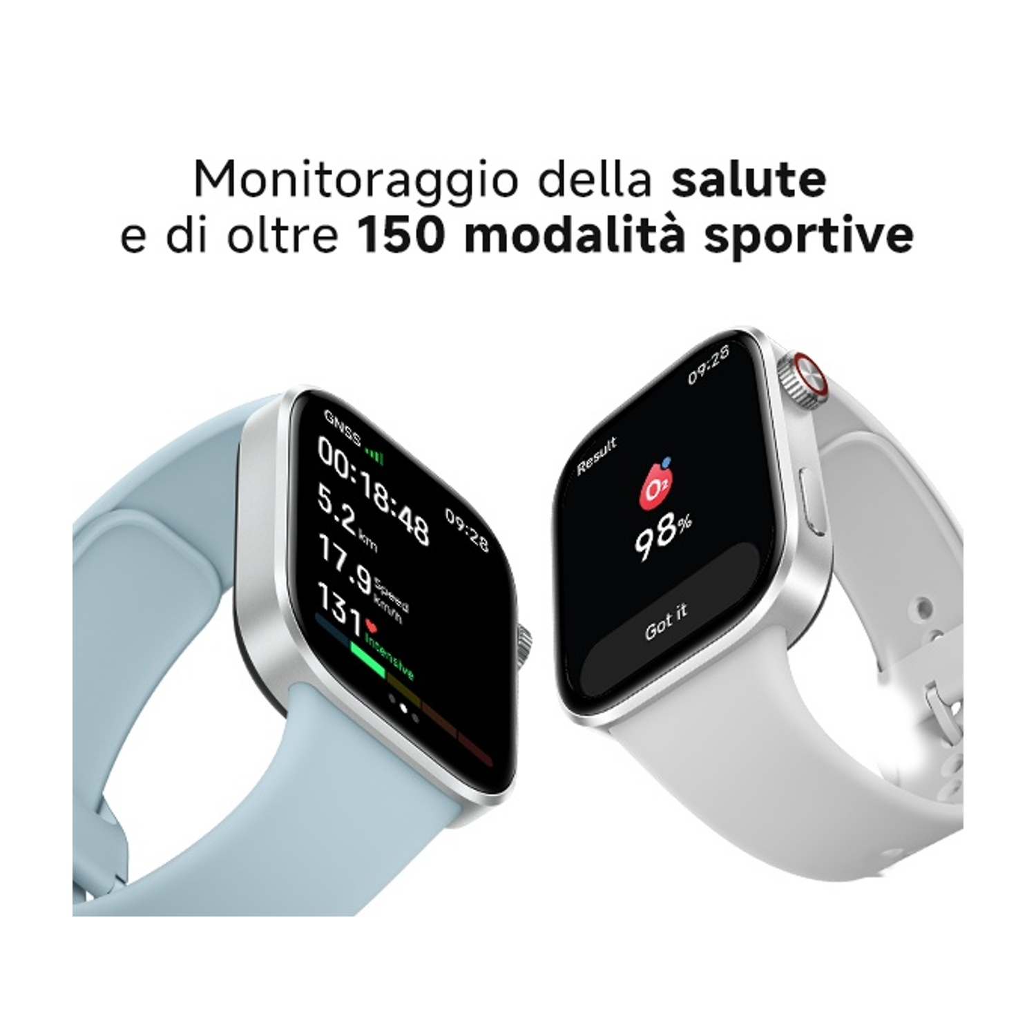 Due smartwatch, una blu, una bianca. La blu mostra dati di allenamento.