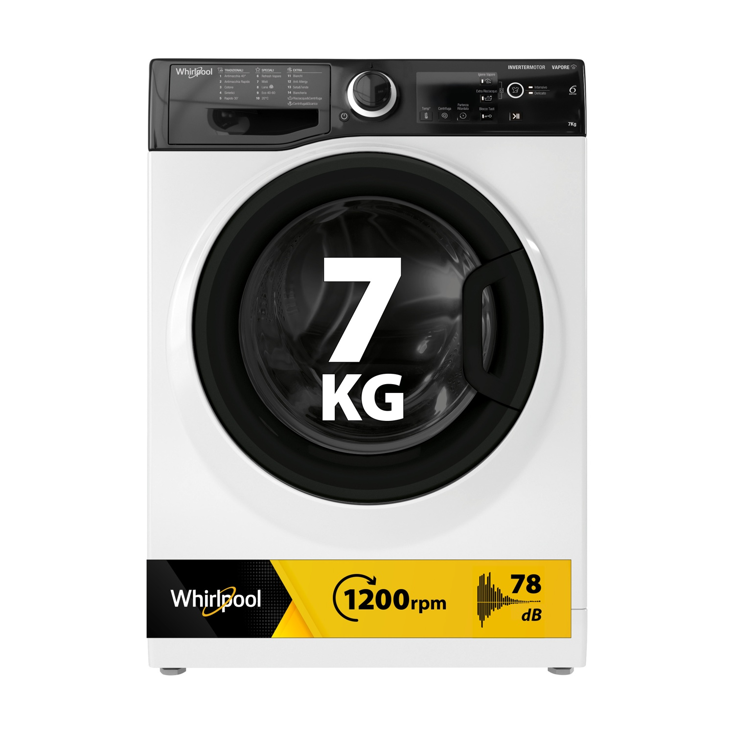 Lavatrice Whirlpool bianca, capacità 7kg, 1200 giri/min, con funzione vapore.