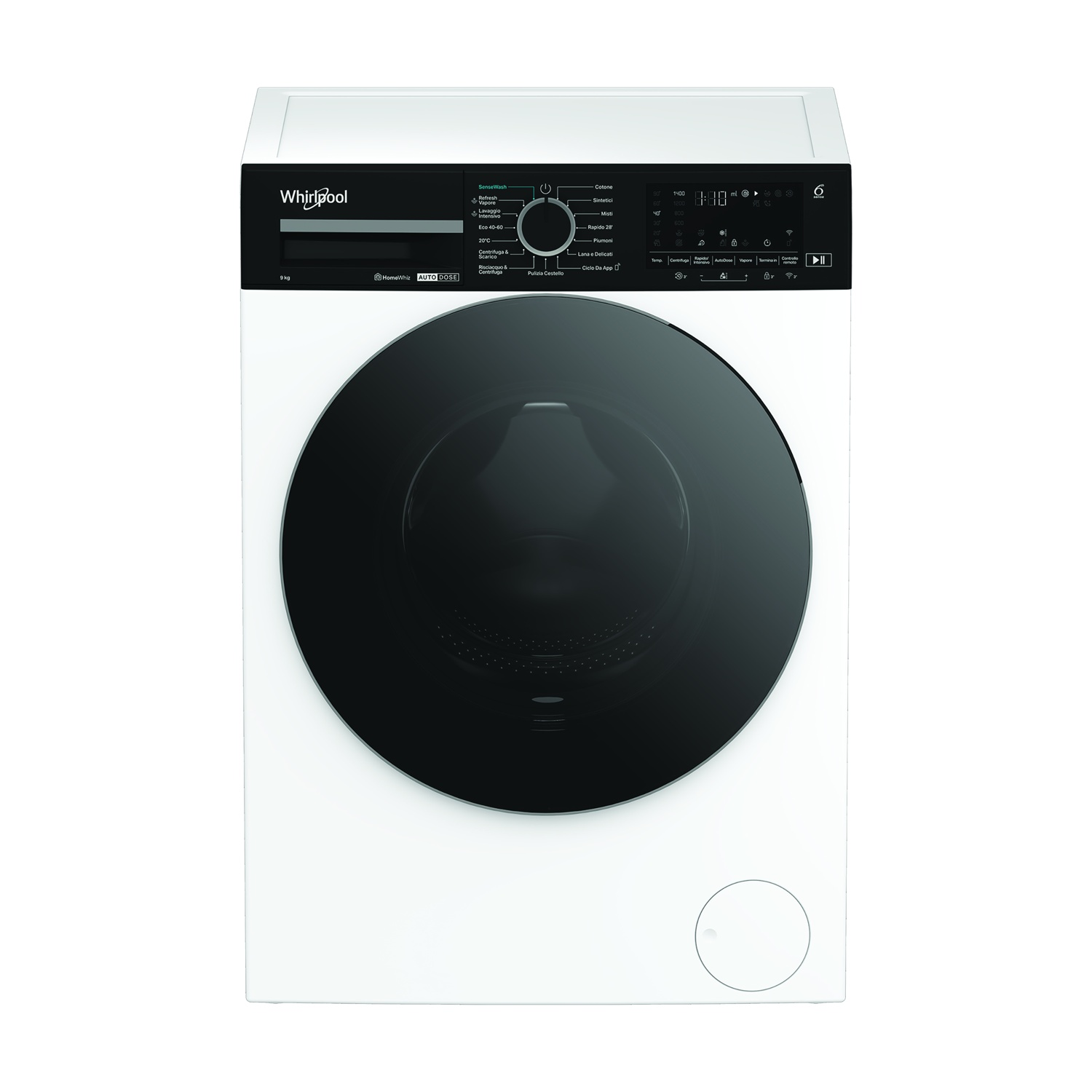 Lavatrice Whirlpool bianca con oblò e pannello comandi neri.