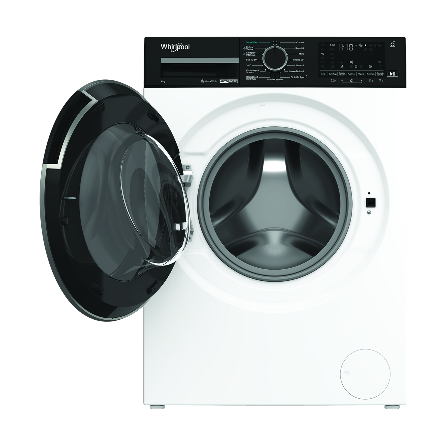 Una lavatrice Whirlpool bianca con oblò nero aperto, che mostra il pannello di controllo.