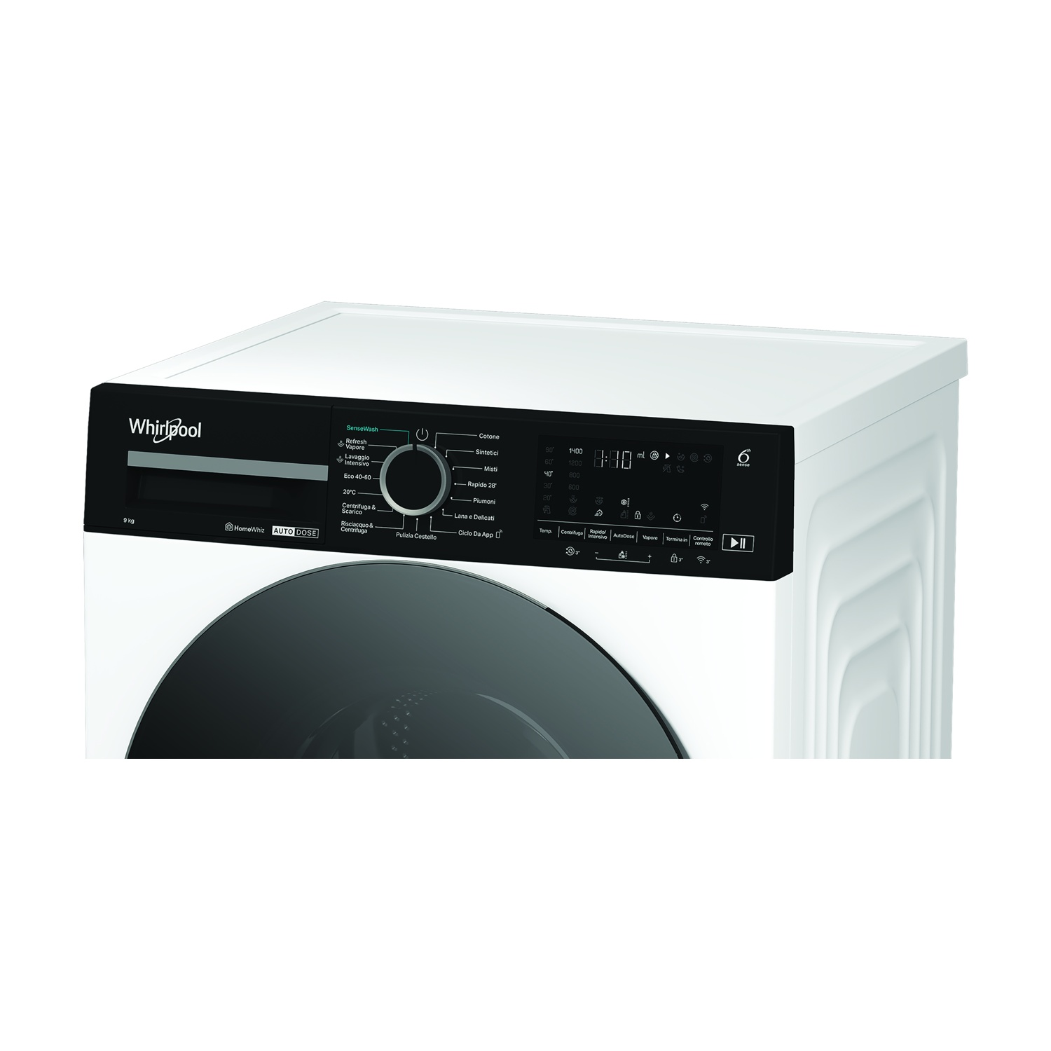 Primo piano del pannello di controllo di una lavatrice Whirlpool bianca con display nero.