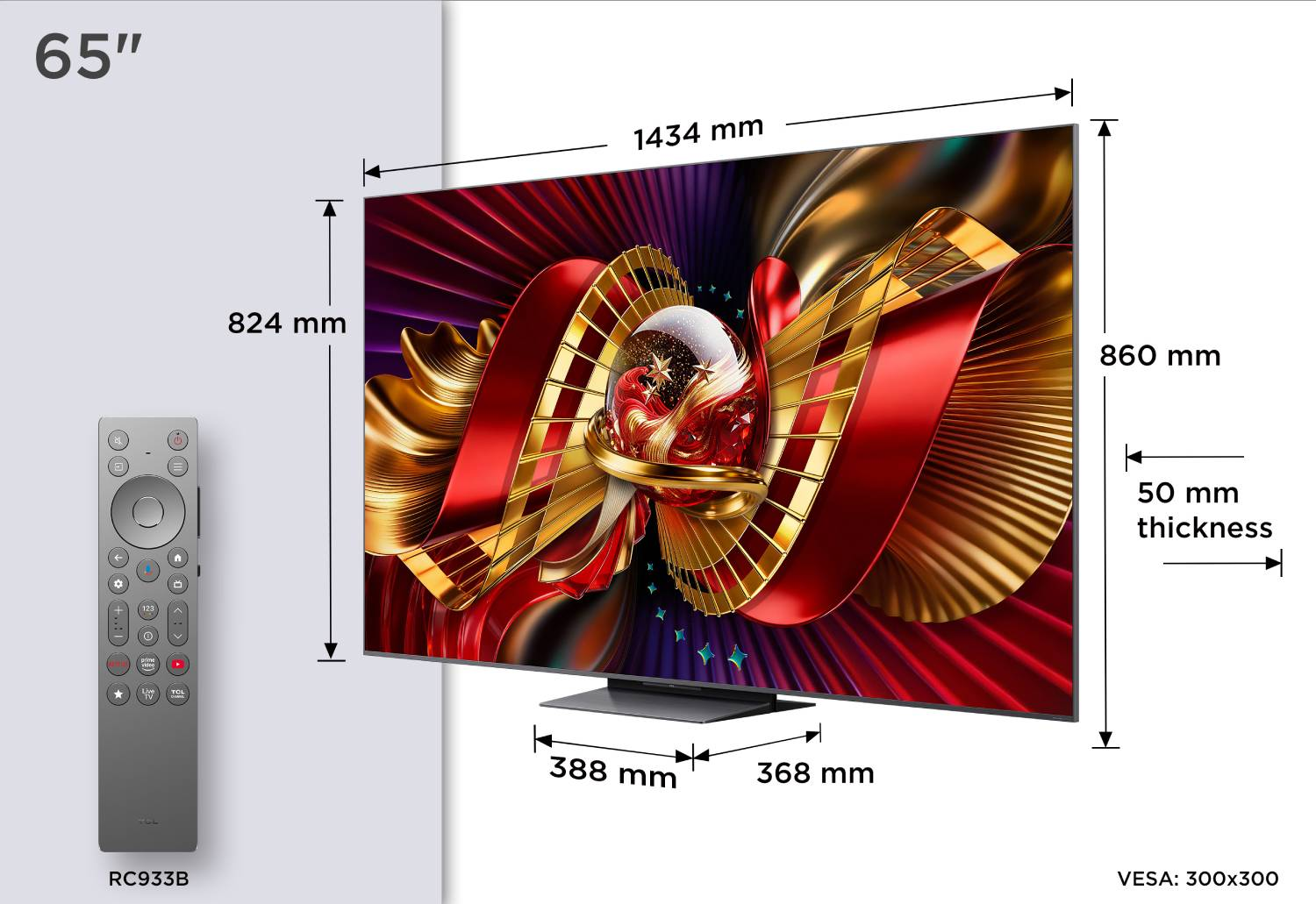 Televisor de 65 pulgadas con mando a distancia, dimensiones indicadas.
