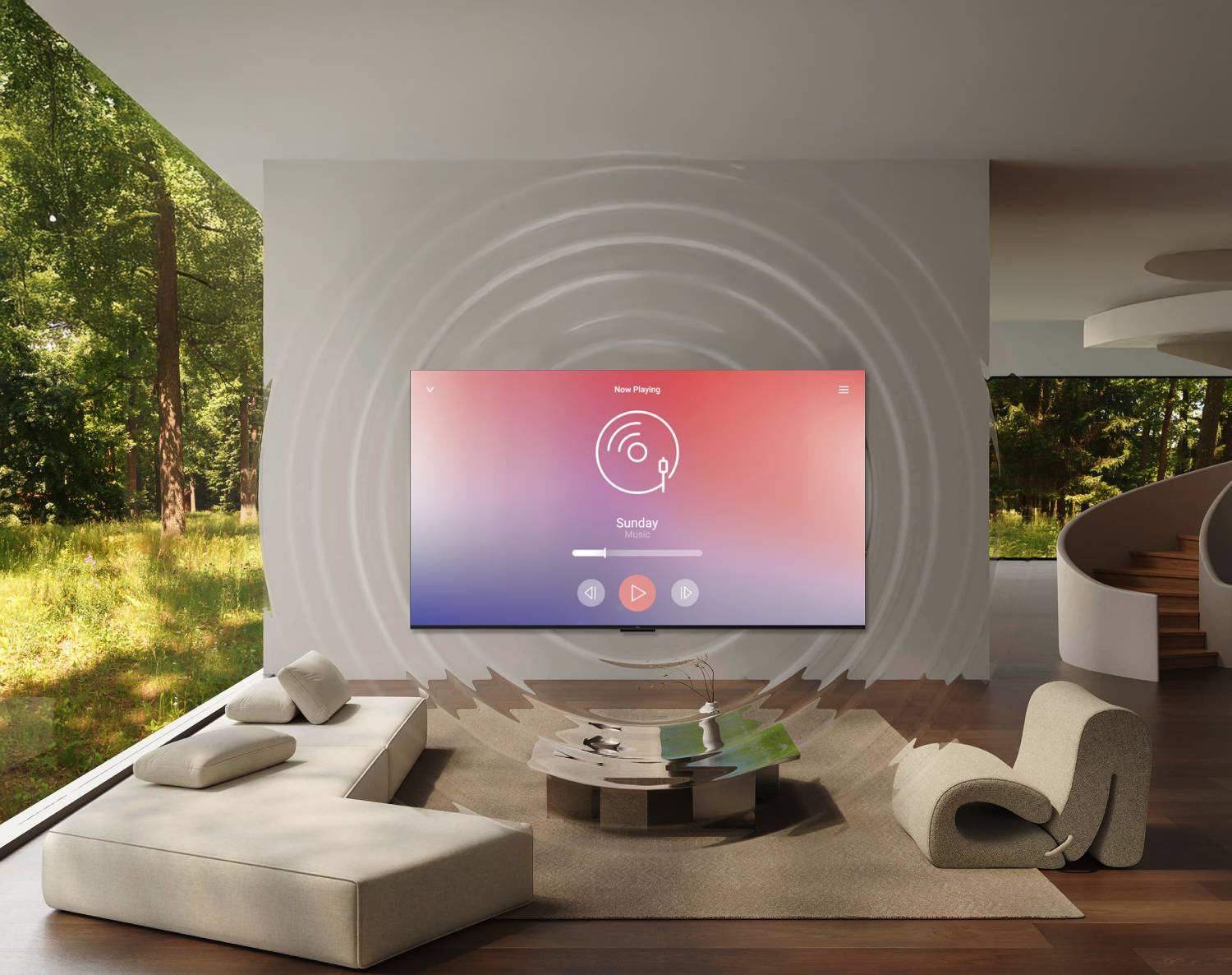 Sala de estar moderna con TV grande reproduciendo música y ventanas grandes con vista a un bosque.