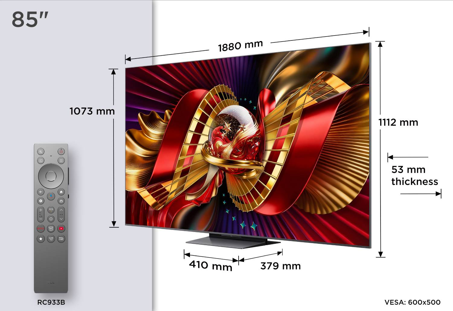 Televisor de 85 pulgadas con mando y dimensiones: 1880x1112x53mm.