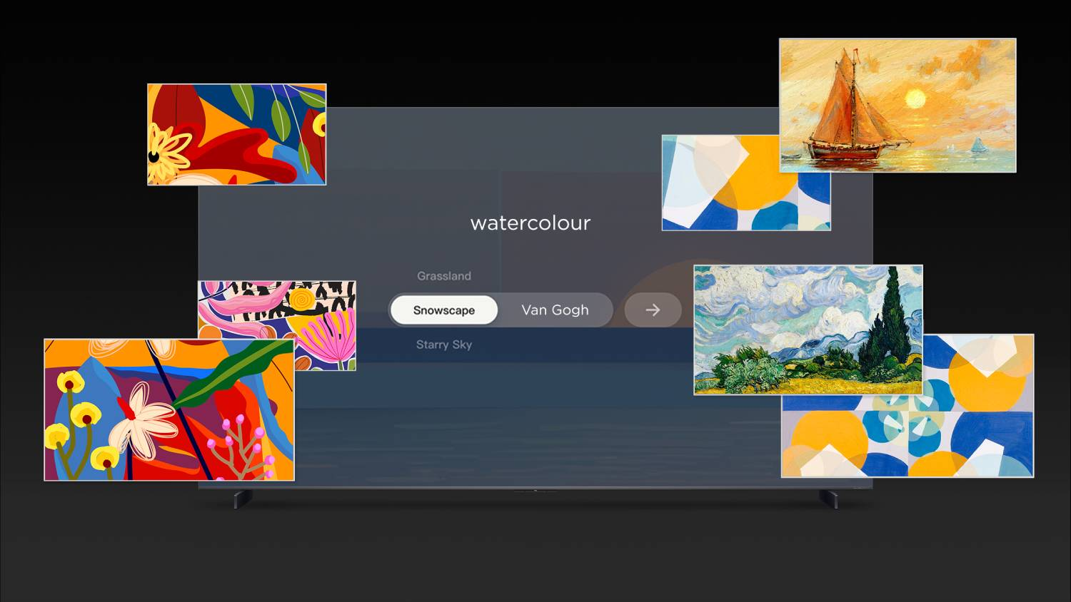 Una pantalla de TV muestra arte: pinturas, patrones abstractos, Van Gogh. Término de búsqueda: acuarela.