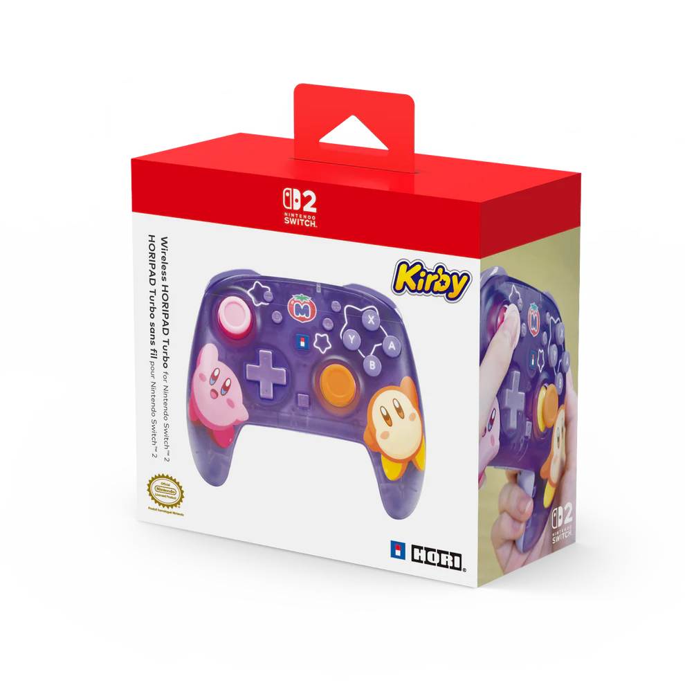 Mando morado de Nintendo Switch con diseño de Kirby en la caja.