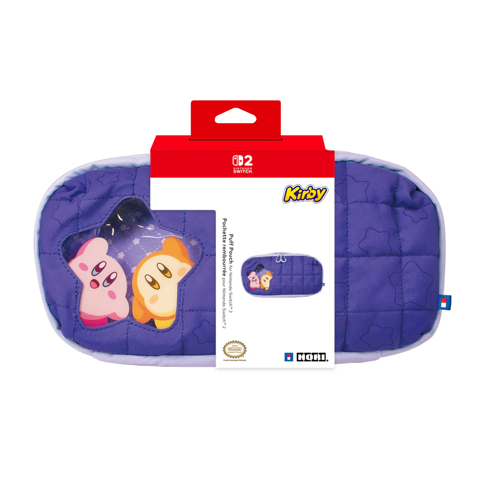 Funda morada Nintendo Switch con diseño de Kirby y ventana de estrella.