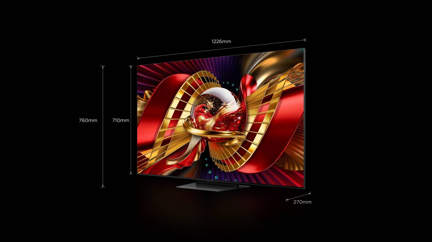 Un televisor moderno con un opulento patrón rojo y dorado en la pantalla.