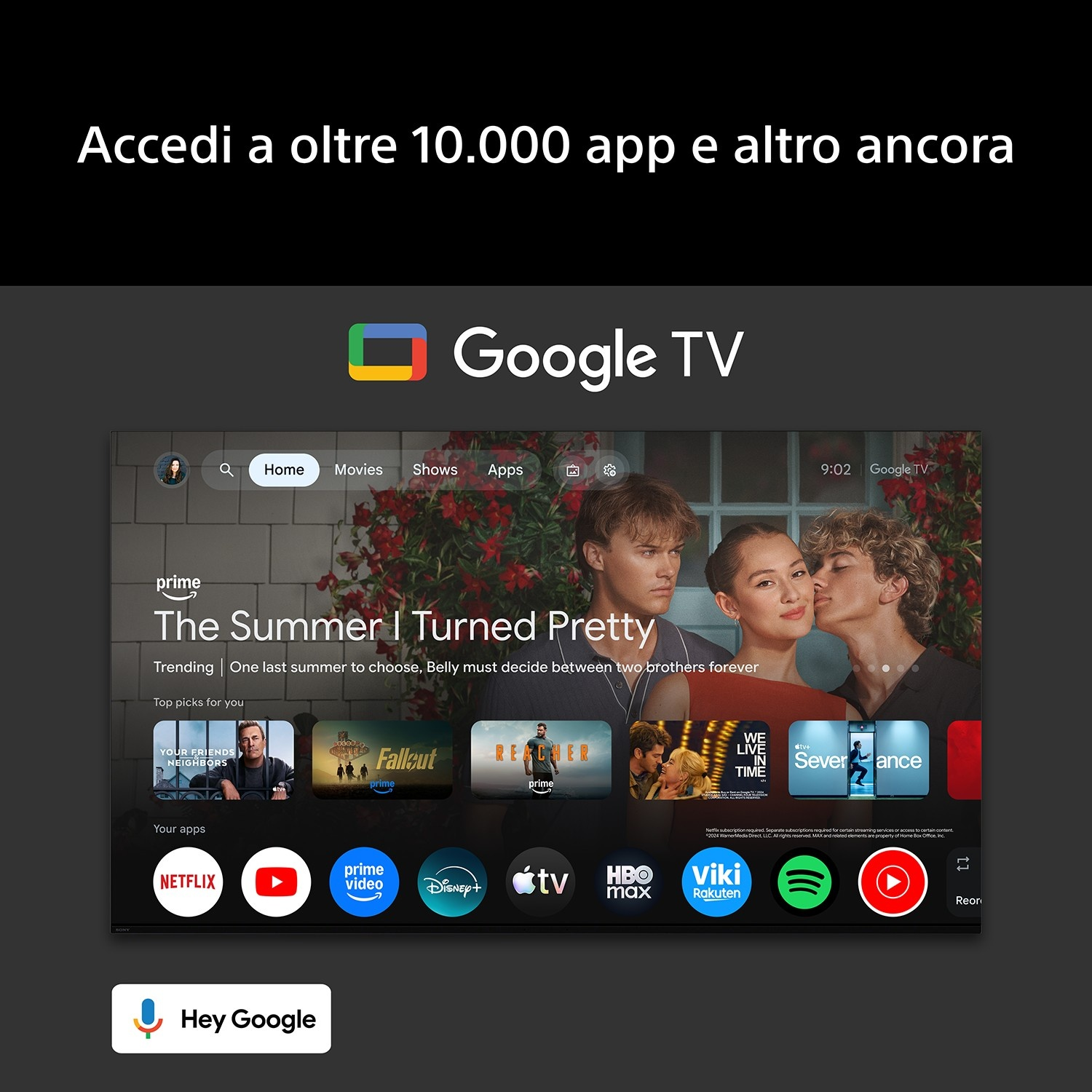 Schermata home Google TV con film, serie e app. Netflix, Prime Video, Disney+ visibili.