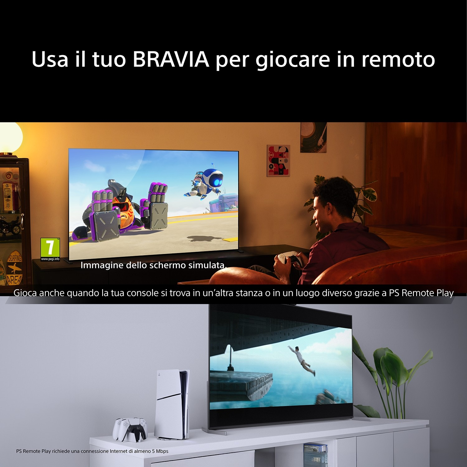 Uomo gioca su TV. PS5 e controller vicini. Scena di gioco.