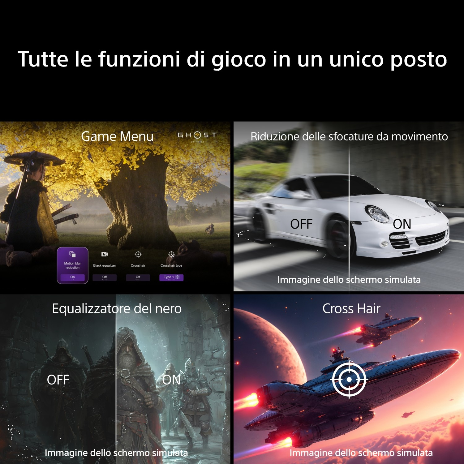 Menu gioco: personaggio, sfocatura auto, equalizzatore nero, mirino. Navi spaziali.