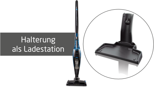 Ein schwarzer Akku-Staubsauger mit blauen Akzenten steht neben einer Ladestation.