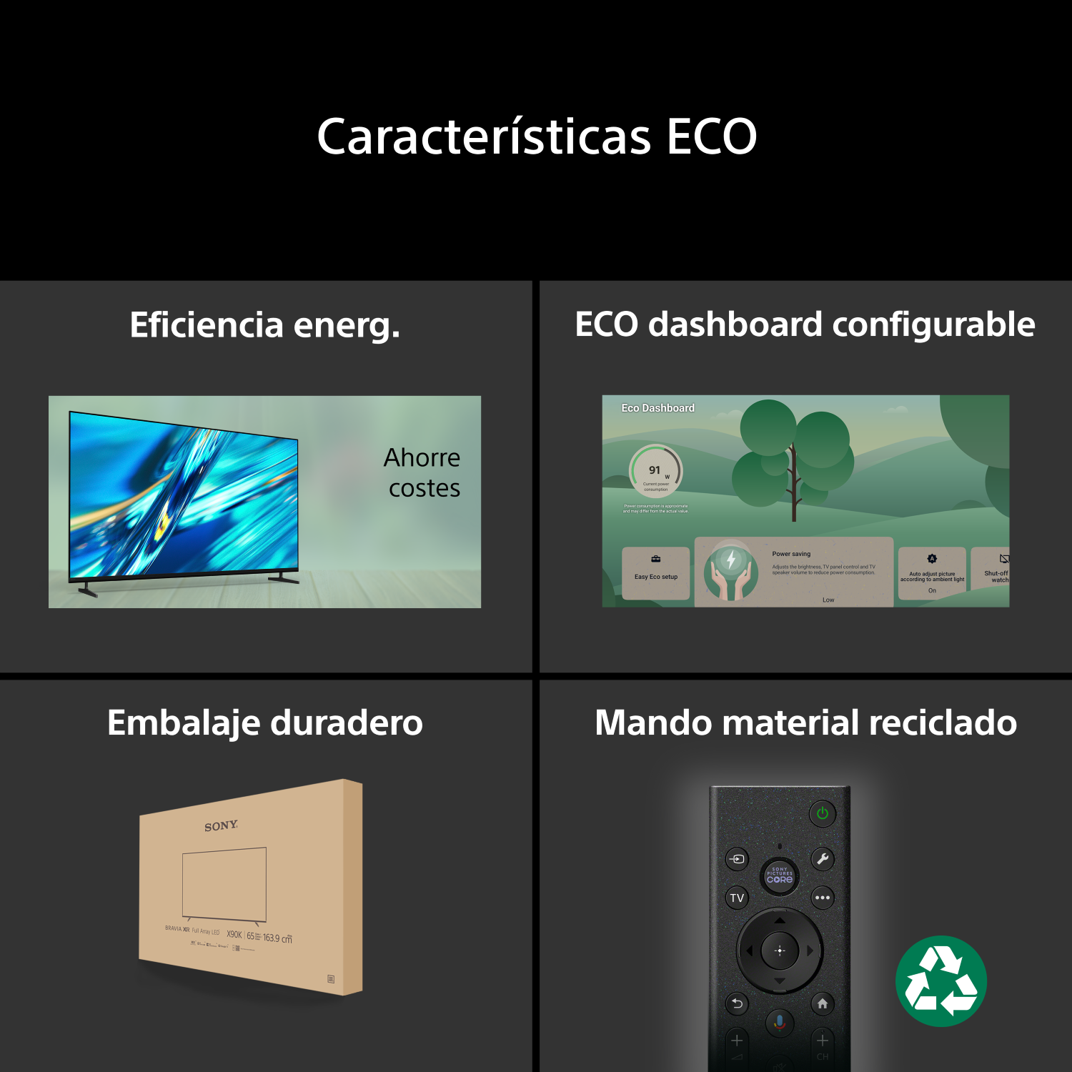 Características ECO: Efienciencia energ., ECO Dashboard configurable, Embalaje duradero, Mando material reciclado.