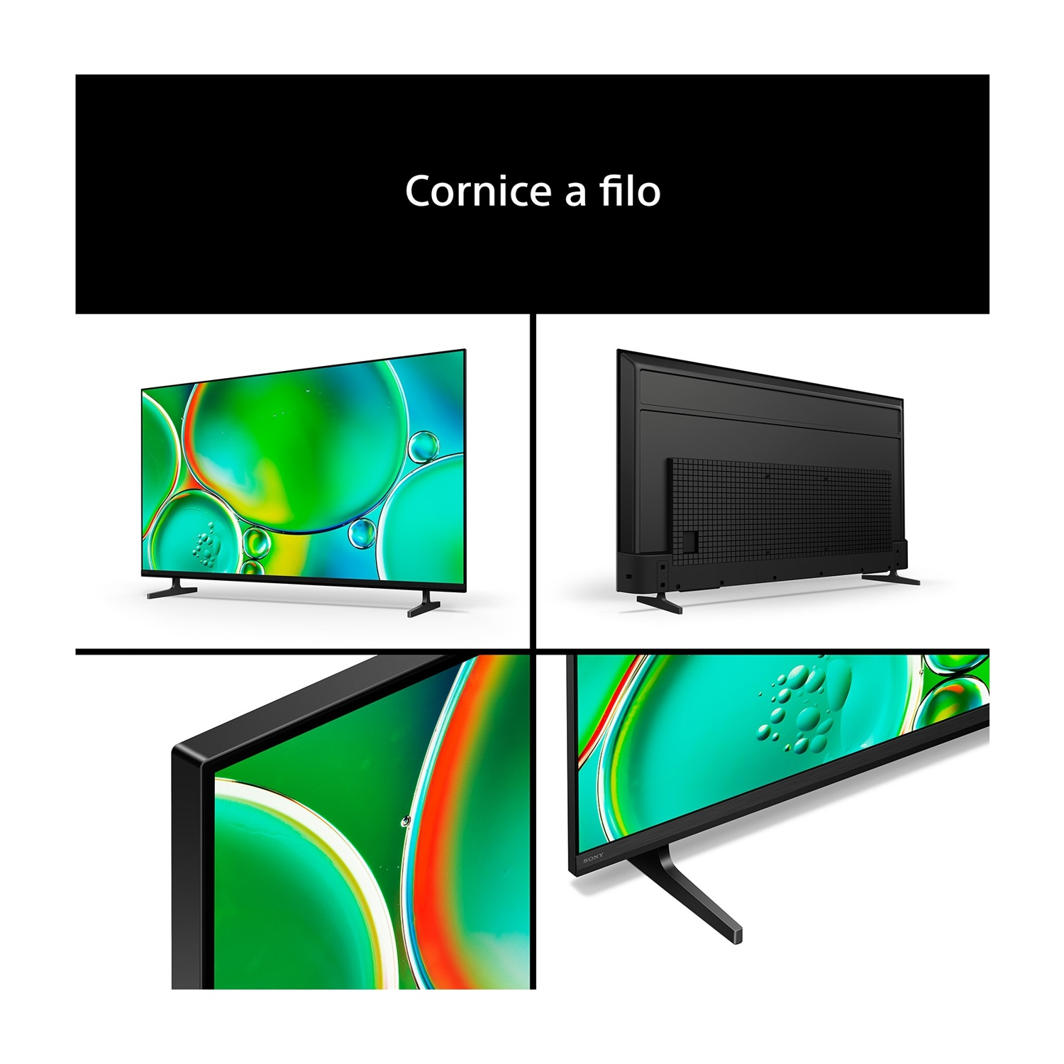 Una moderna TV nera con cornice sottile, che mostra un salvaschermo con bolle verdi.