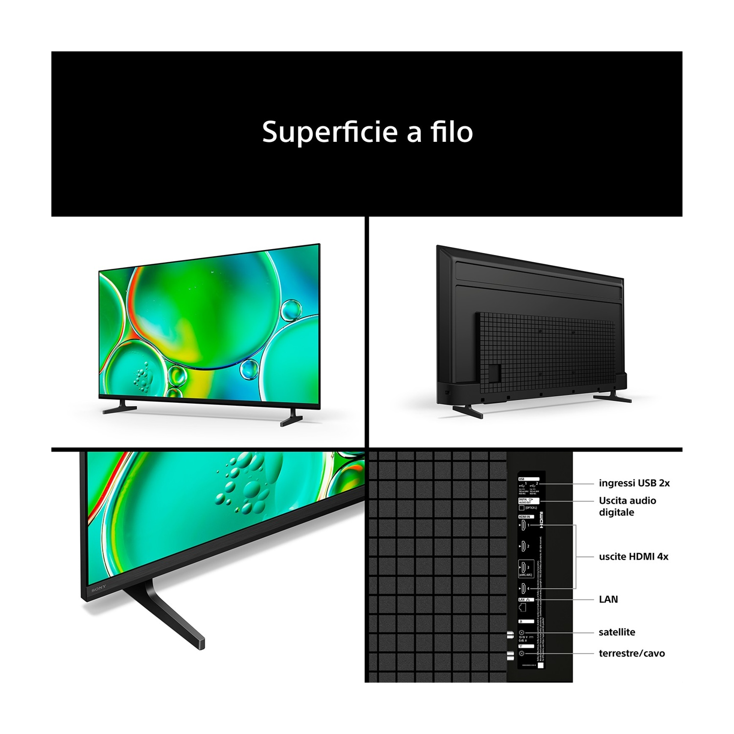 Un televisore Sony è mostrato frontalmente e posteriormente, con dettagli connessioni.